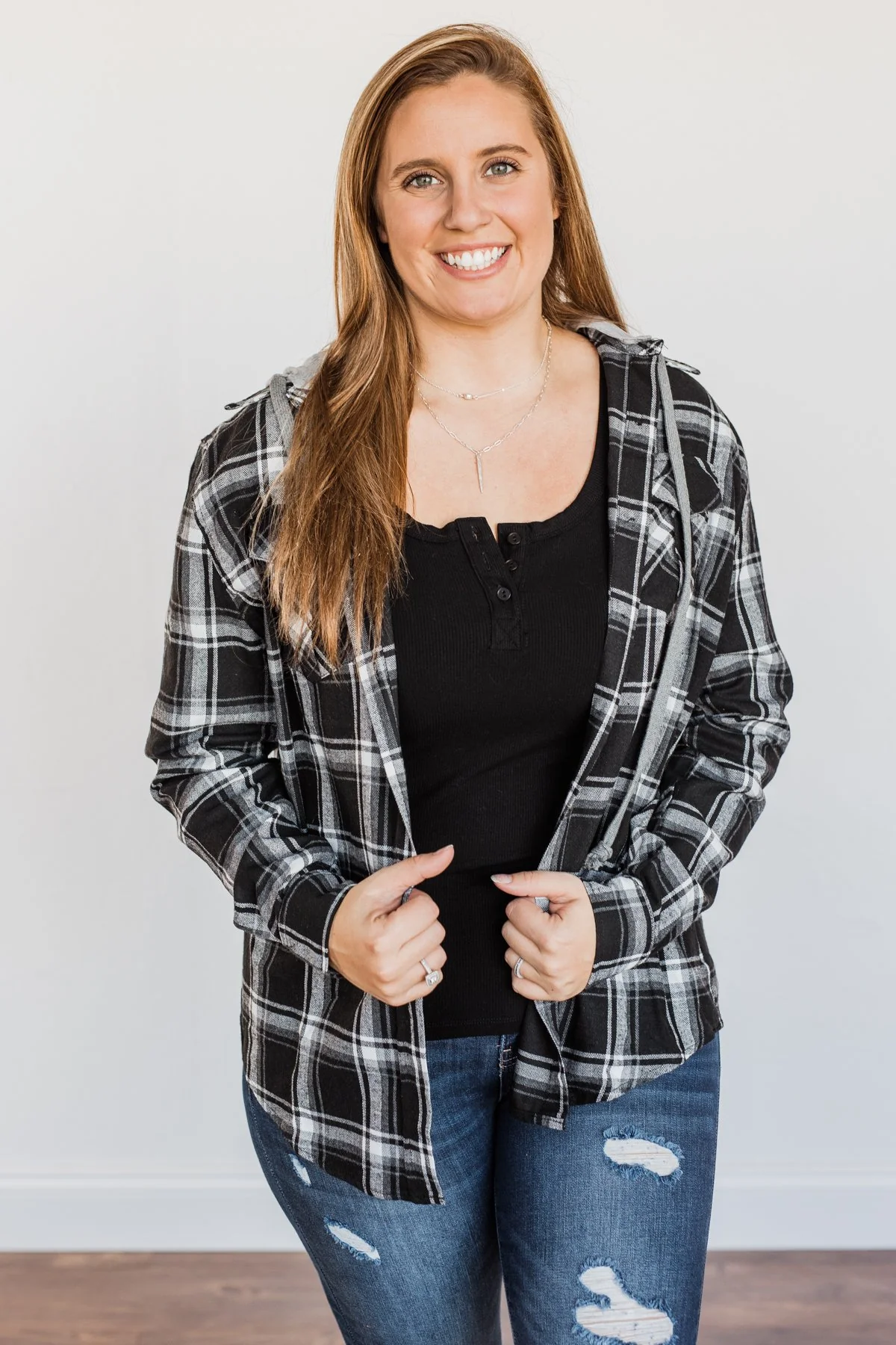 Nights By The Fire Hooded Plaid Top- Black - Image 6