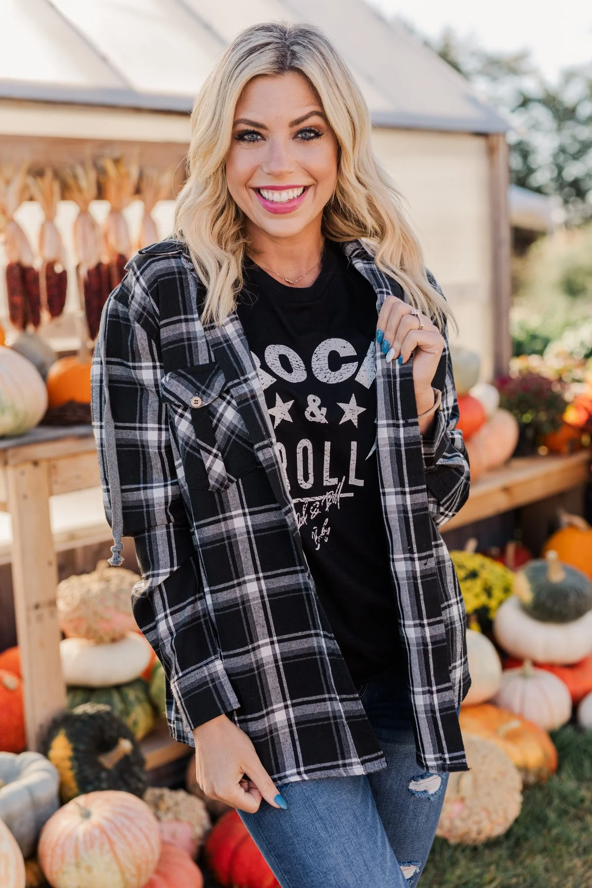 Nights By The Fire Hooded Plaid Top- Black - Image 7