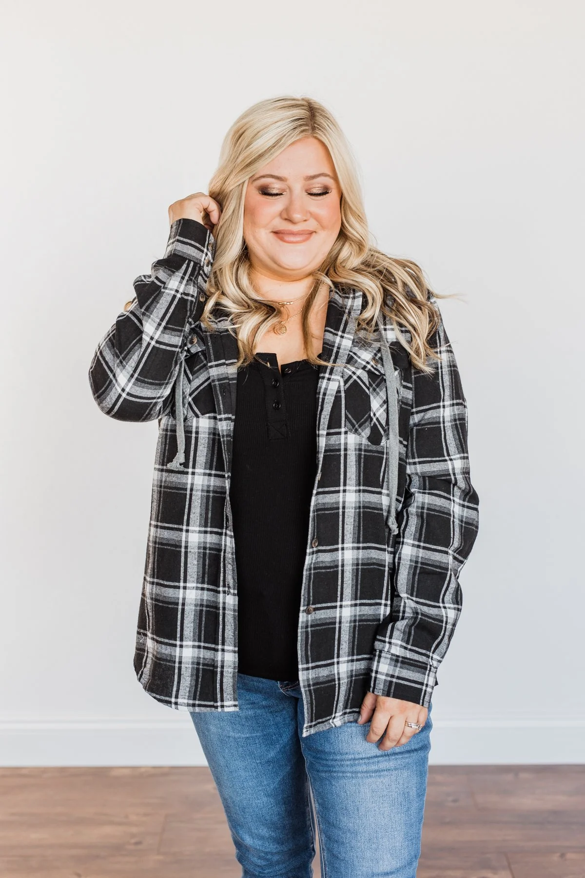Nights By The Fire Hooded Plaid Top- Black - Image 8