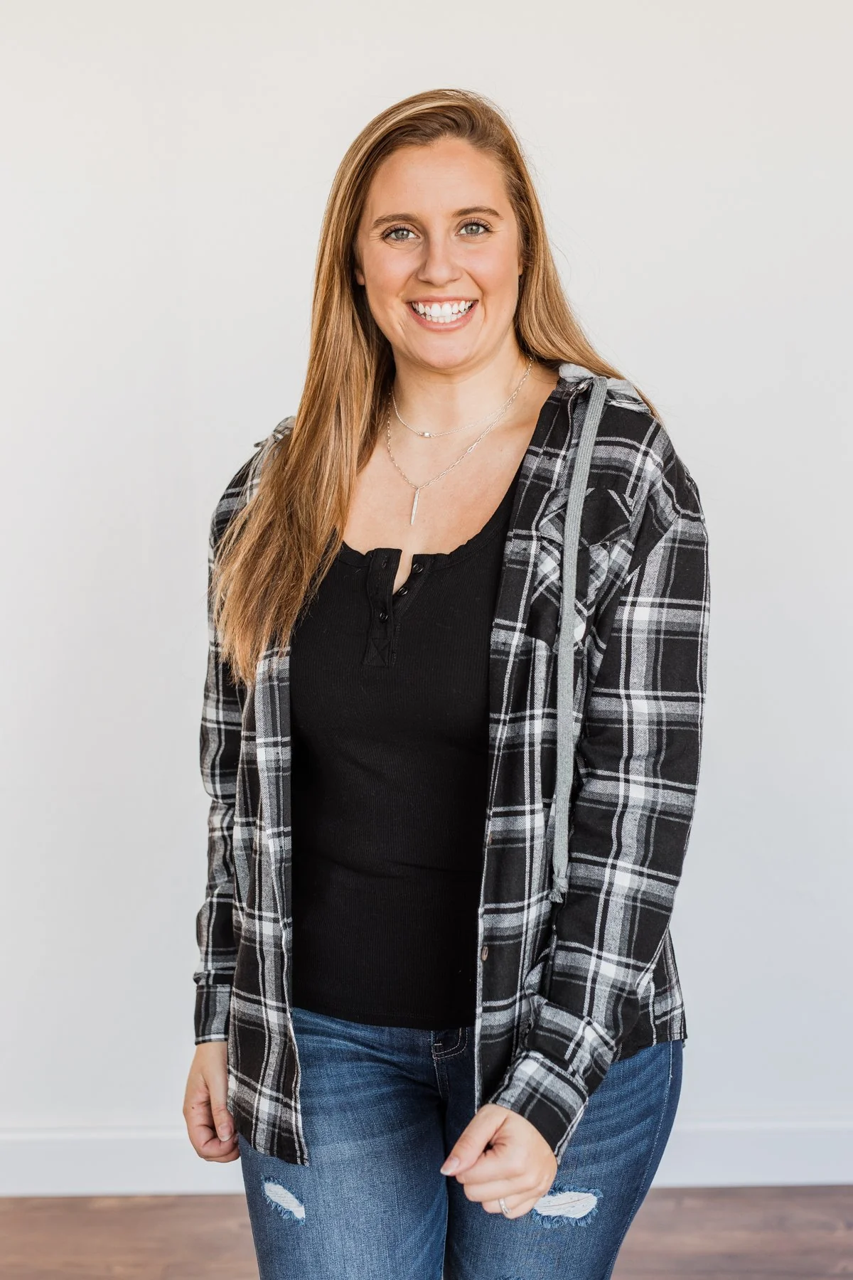 Nights By The Fire Hooded Plaid Top- Black - Image 9
