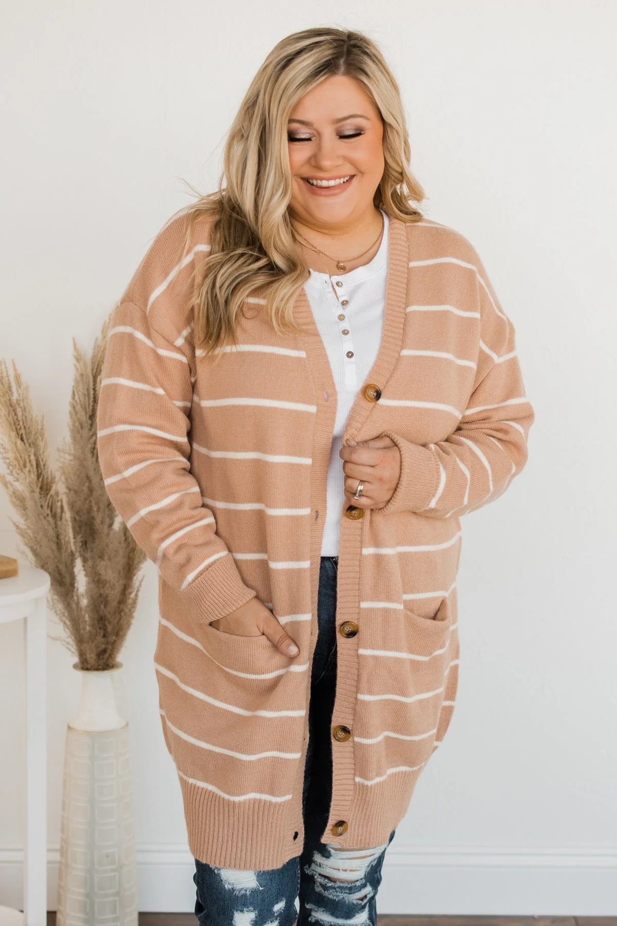 No Apologies Striped Button Cardigan- Beige - Image 3