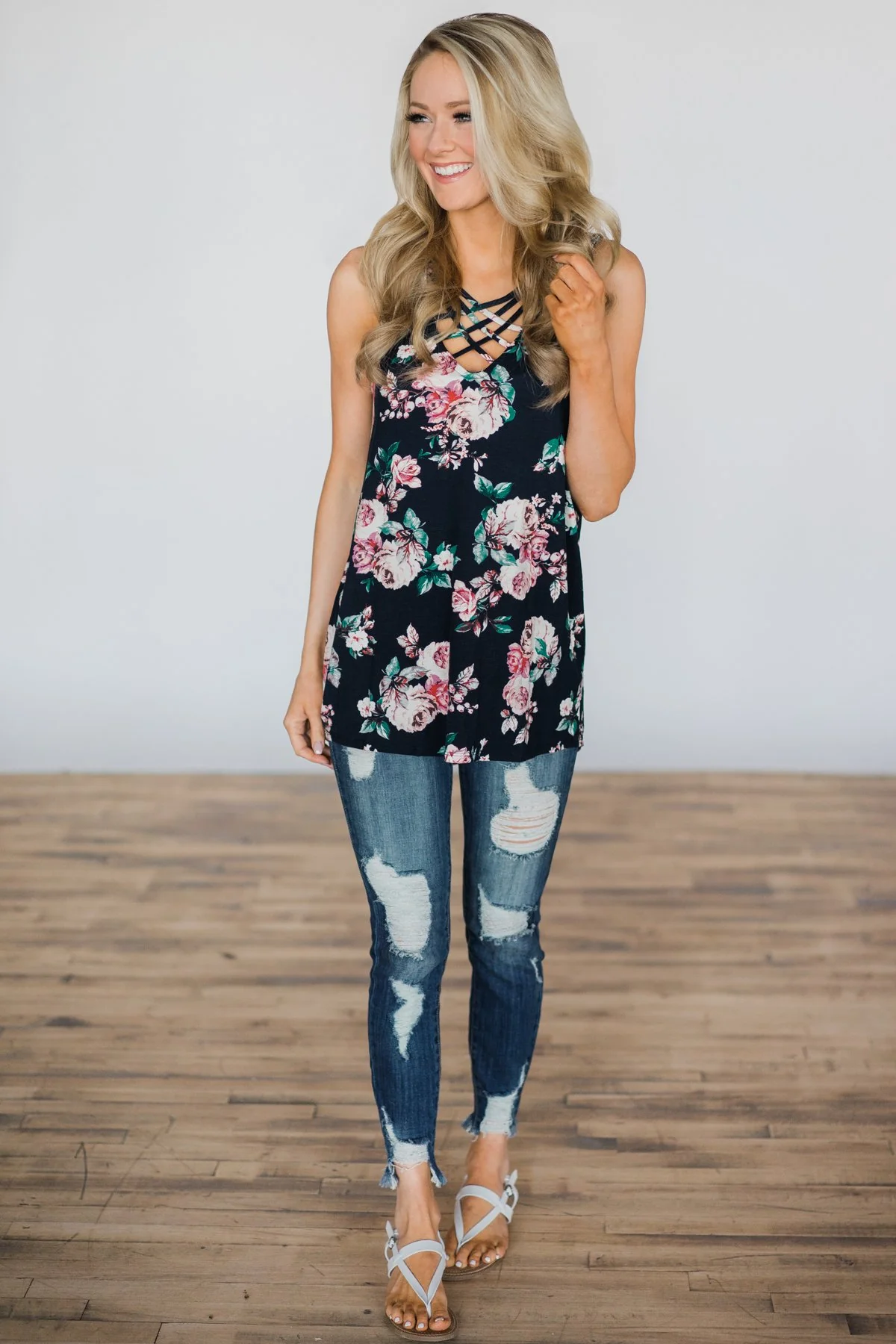 No Better Time Navy Floral Tank Top - Image 4