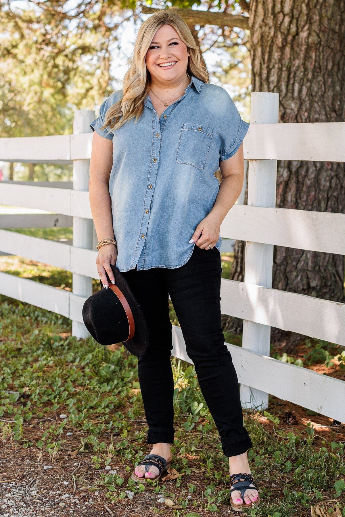 No Cares In The World Button Up Top- Denim - Image 3