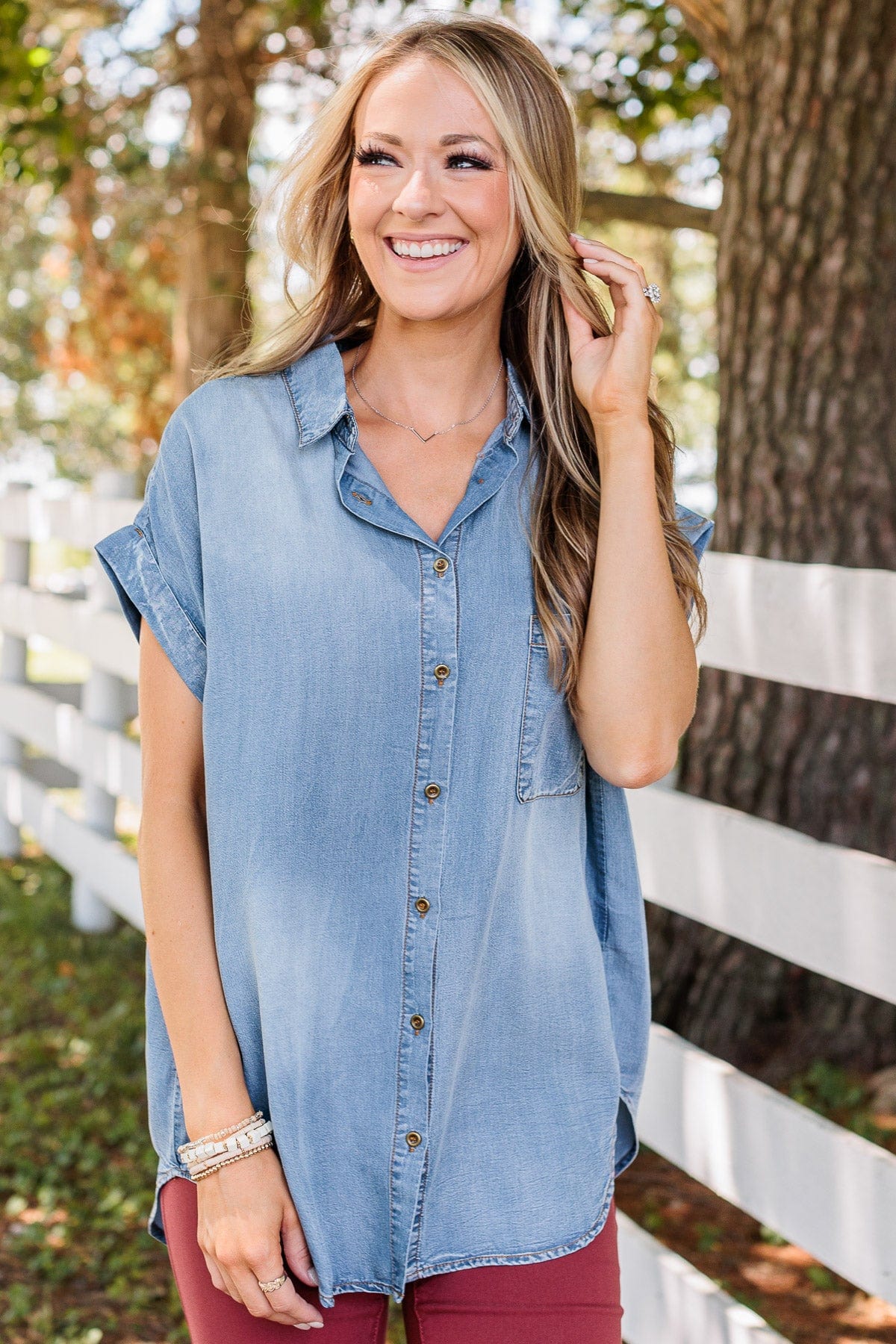 No Cares In The World Button Up Top- Denim - Image 4