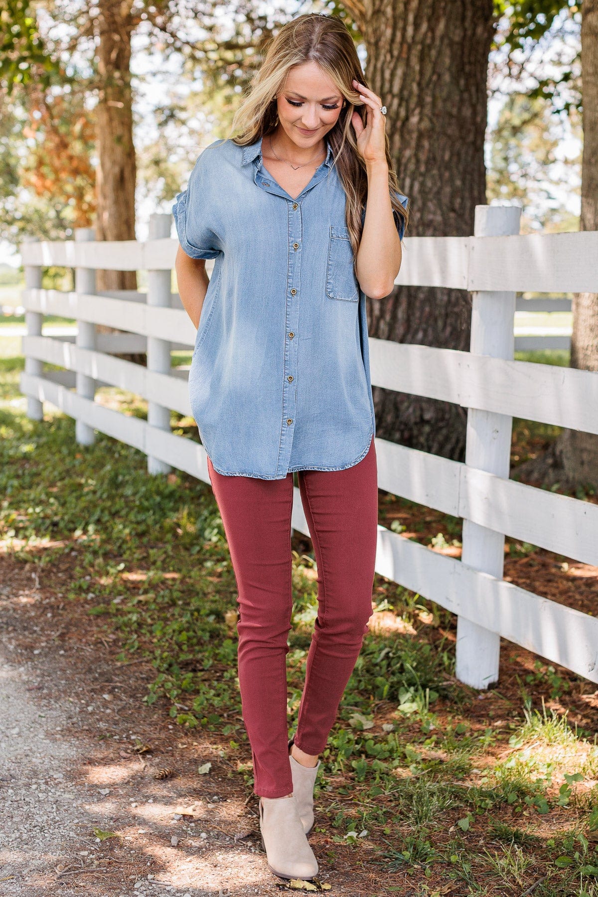 No Cares In The World Button Up Top- Denim - Image 6