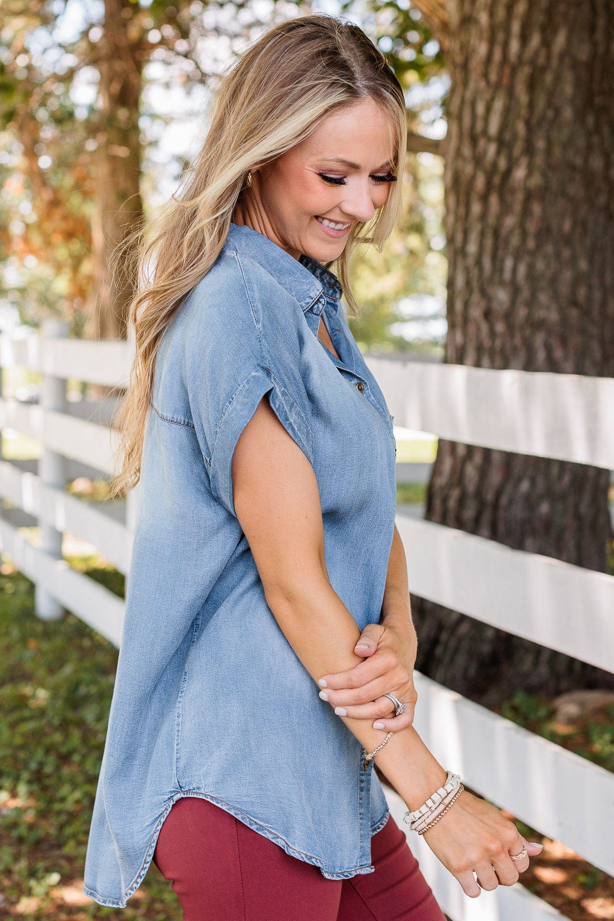 No Cares In The World Button Up Top- Denim - Image 8