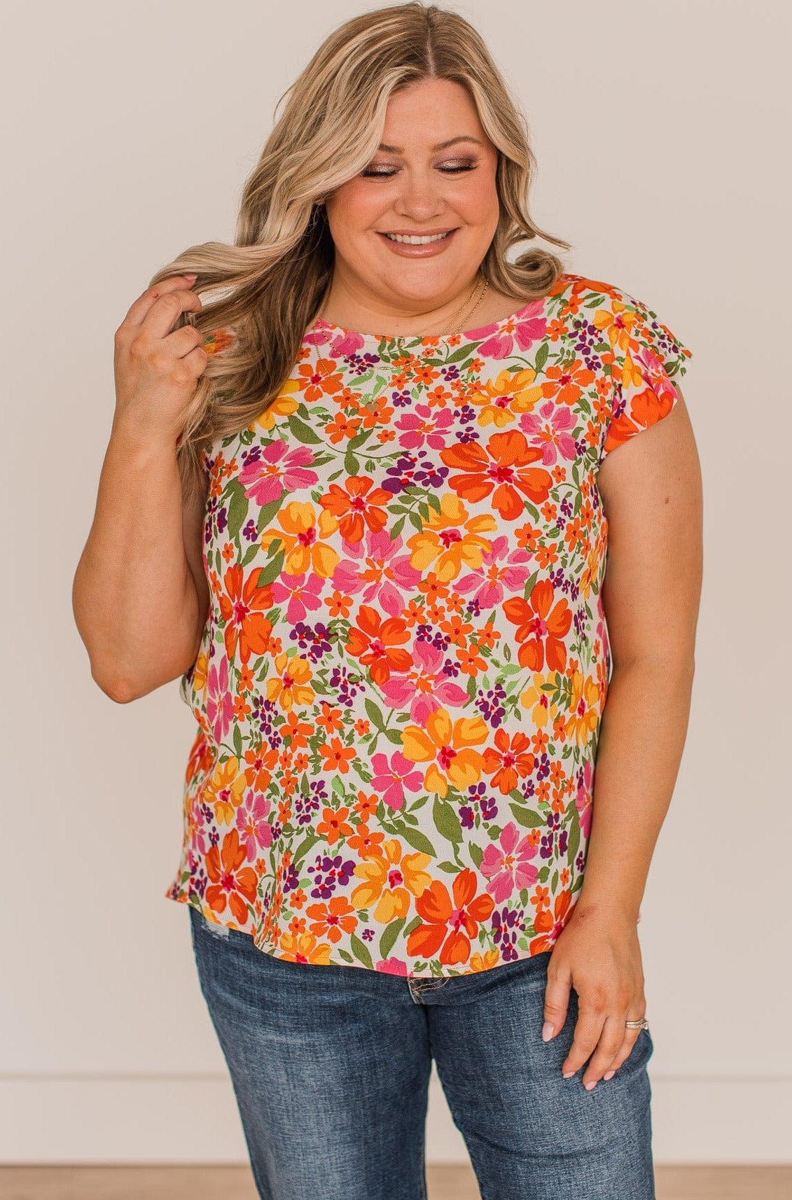 No Comparison Floral Top- Ivory, Pink, & Orange - Image 3