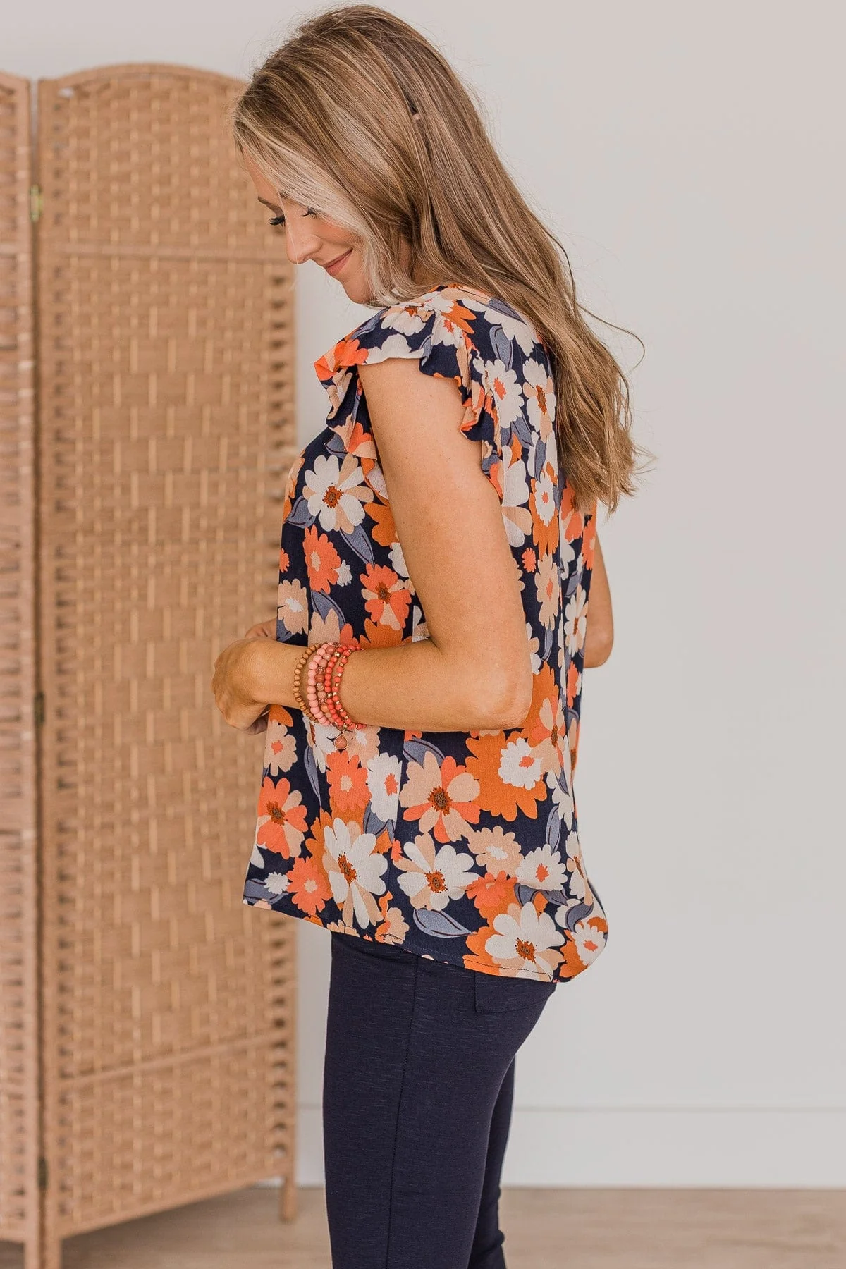 No Comparison Floral Top- Navy & Orange - Image 3