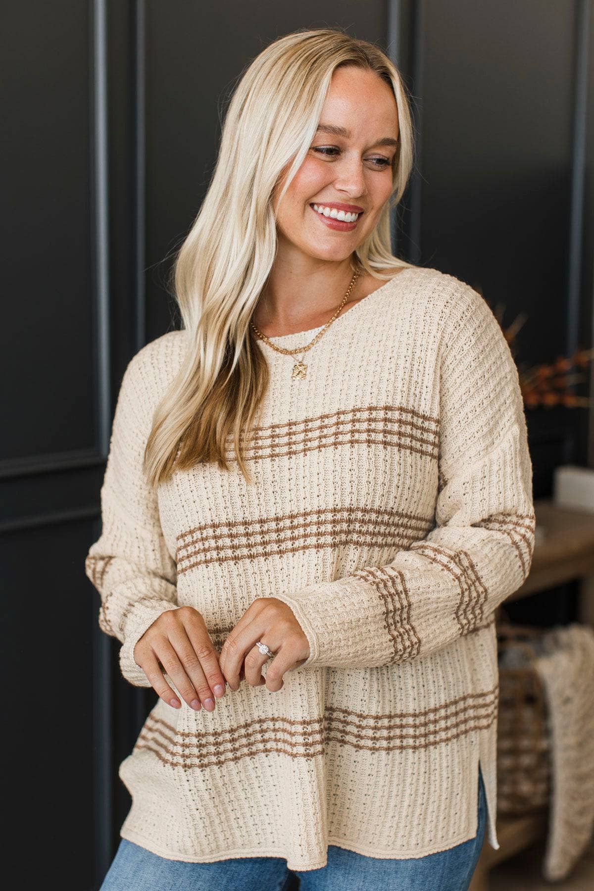 No Complaints Here Striped Sweater- Cream & Mocha - Image 3