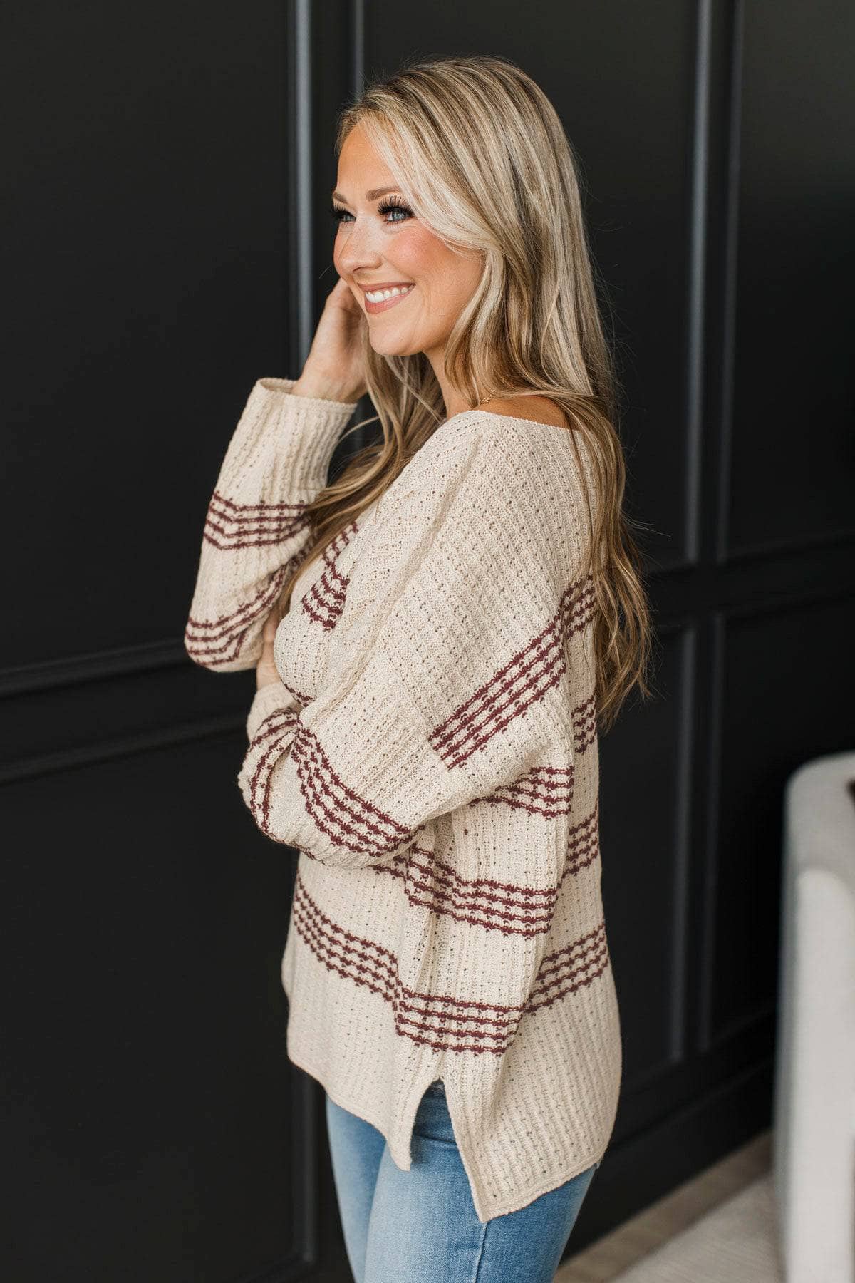 No Complaints Here Striped Sweater- Cream & Wine - Image 4