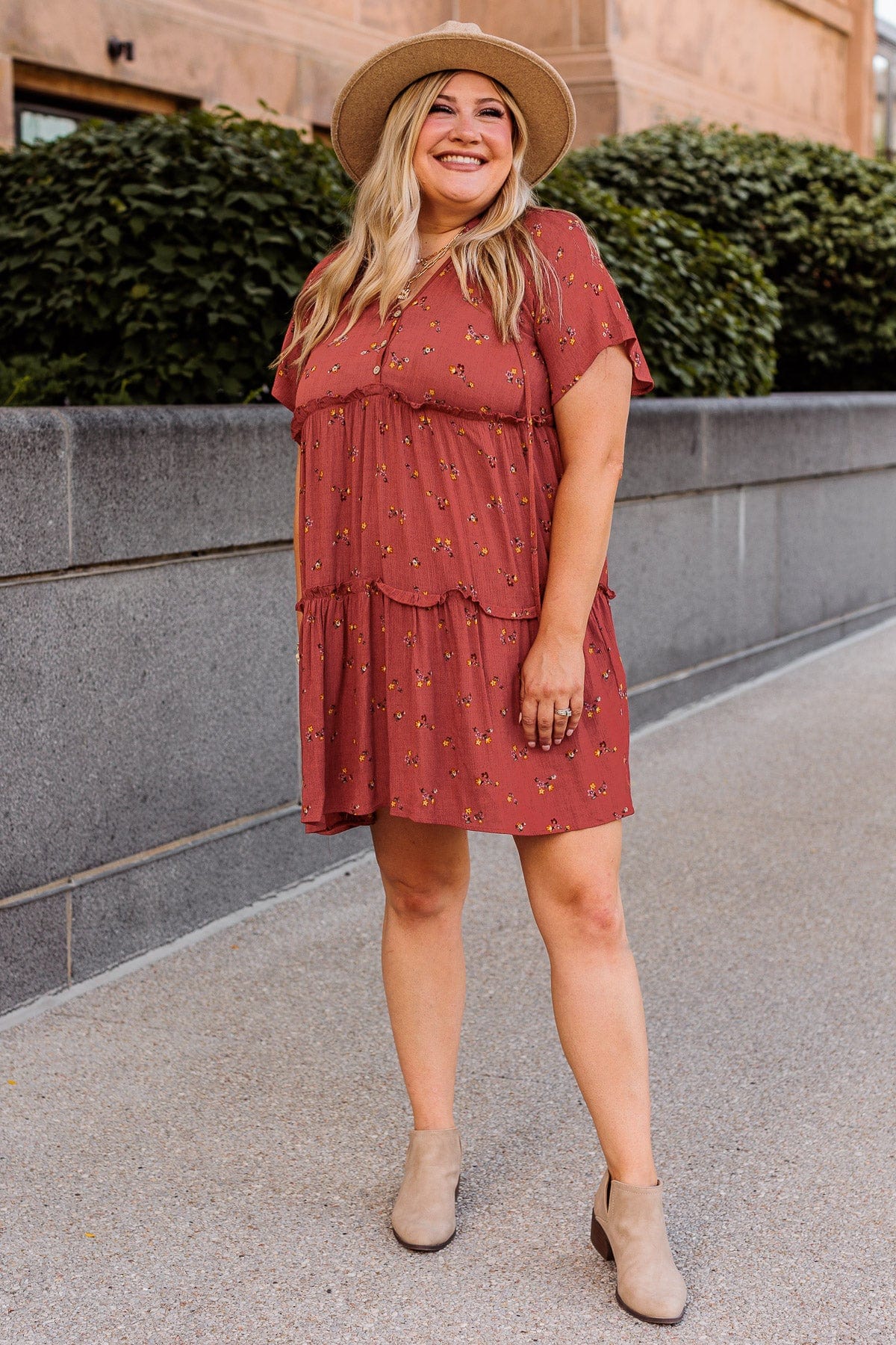No Doubt About It Ruffled Mini Dress- Rust - Image 5