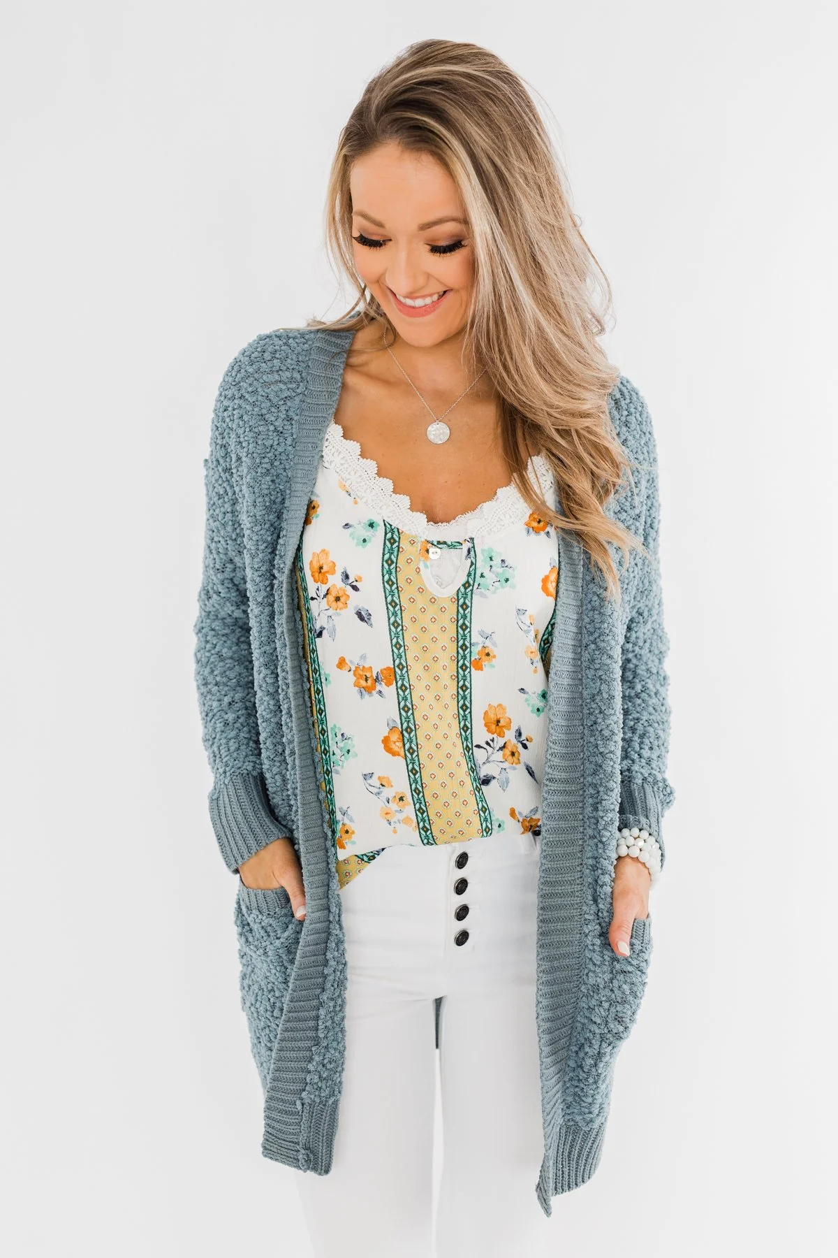 No Doubts Popcorn Cardigan- Steel Blue - Image 2