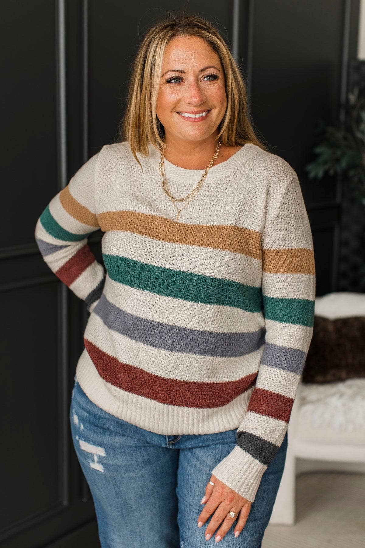 No Hesitations Striped Knit Sweater- Off-White - Image 3
