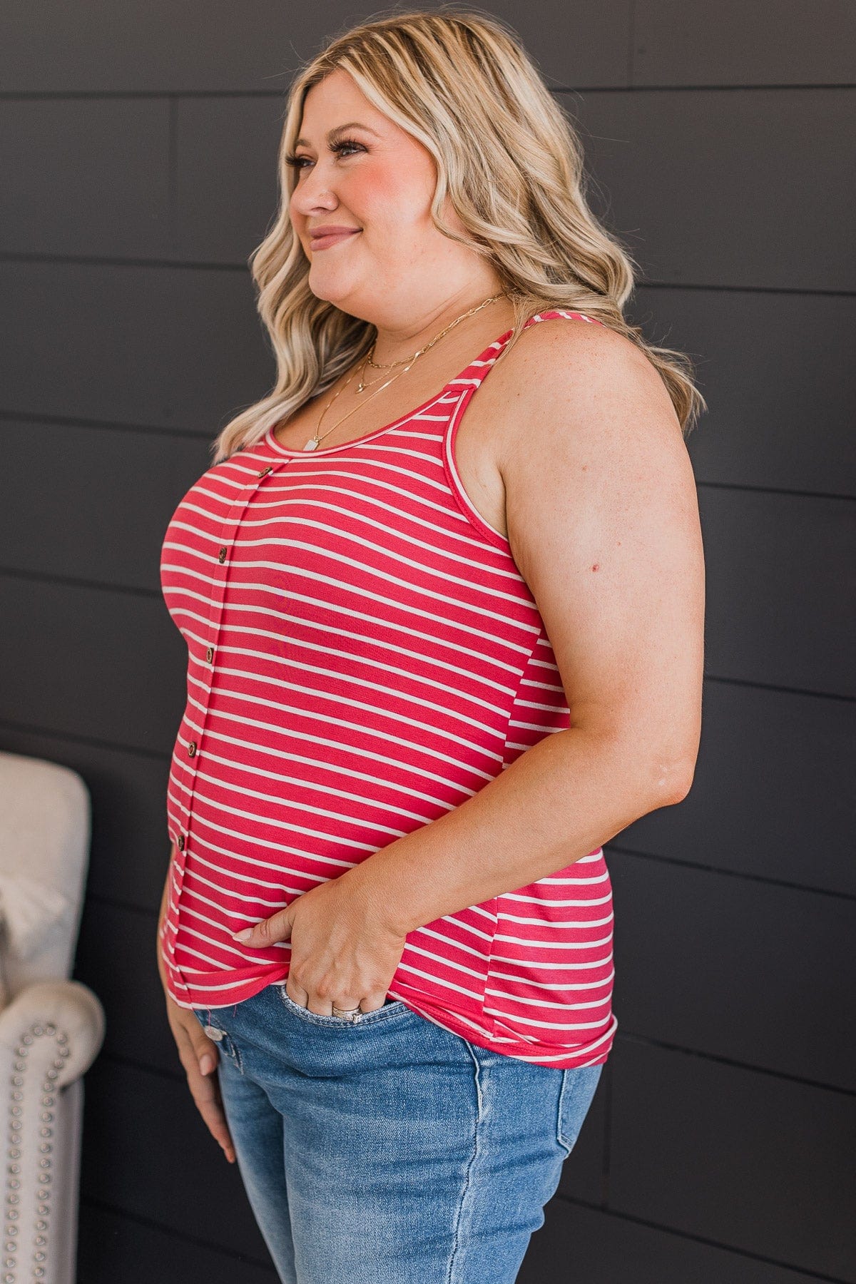 No Matter What Striped Button Tank Top- Coral - Image 5