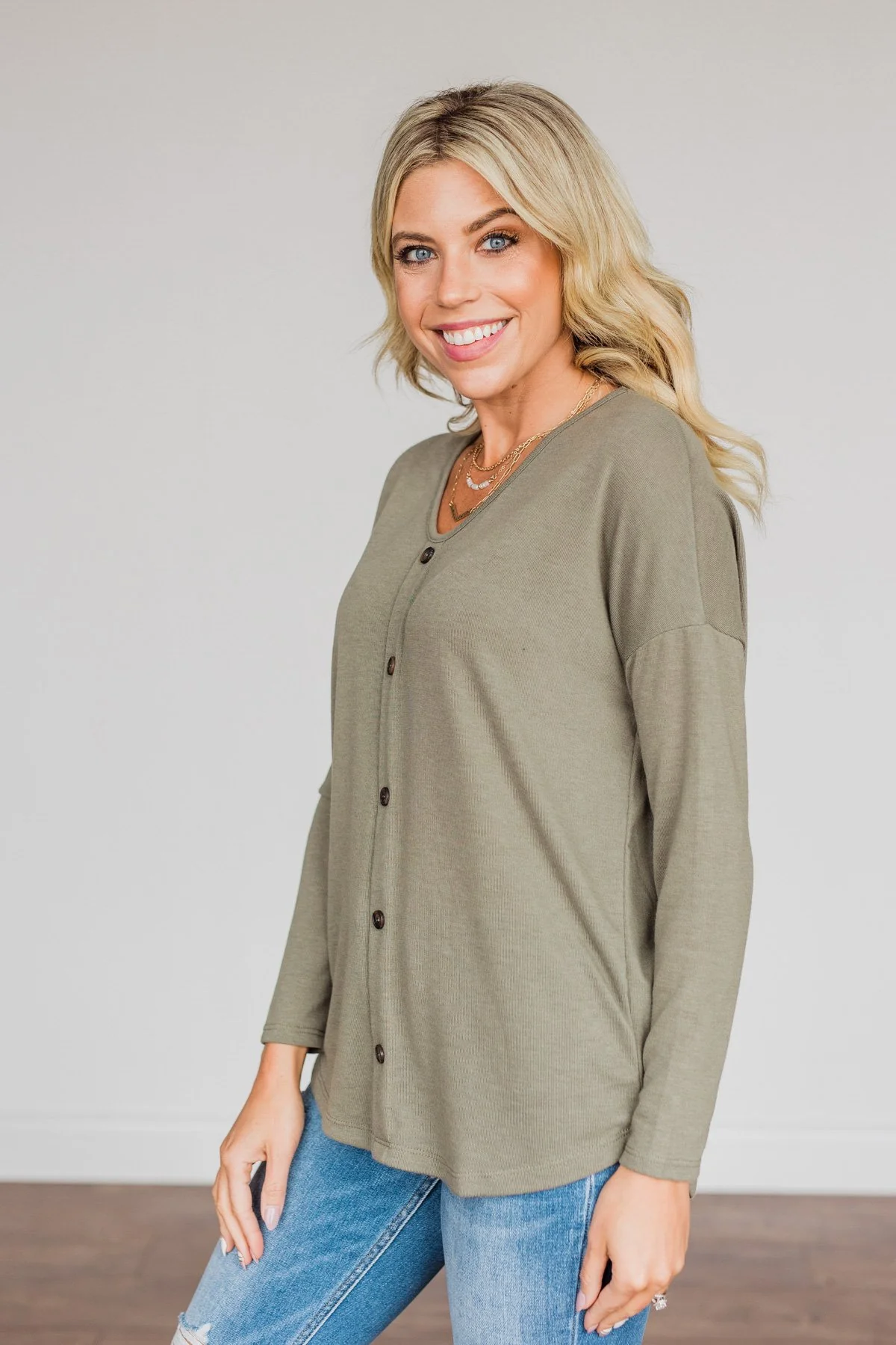 No One Like Me Long Sleeve Button Top- Olive - Image 6