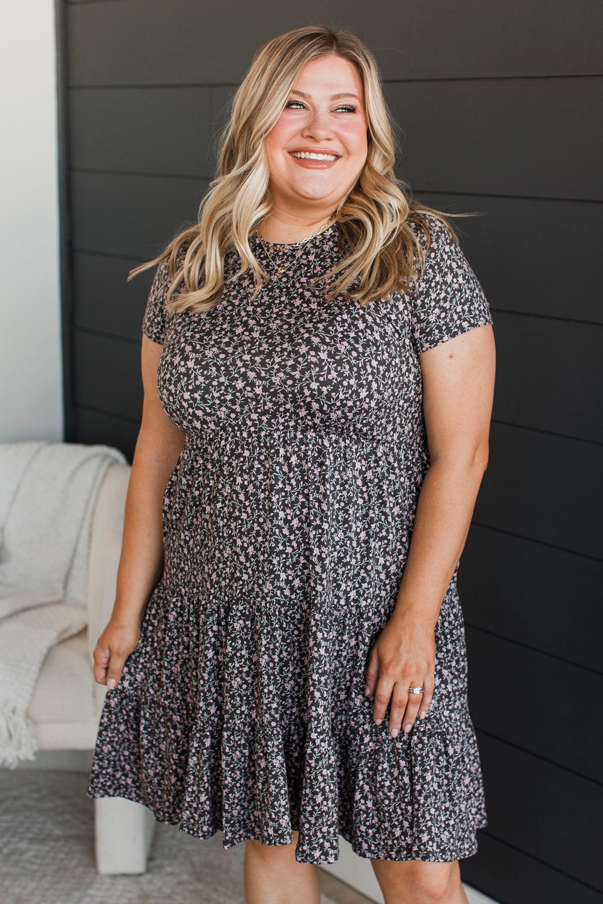 No Rainy Days Floral Tiered Dress- Charcoal & Pink