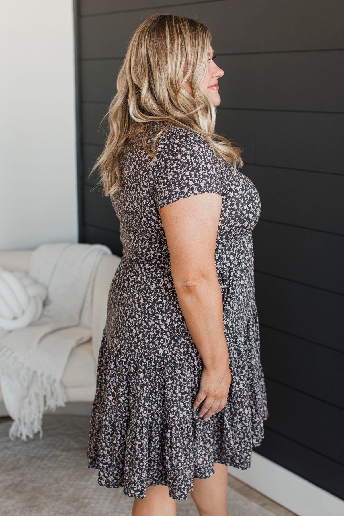 No Rainy Days Floral Tiered Dress- Charcoal & Pink - Image 5