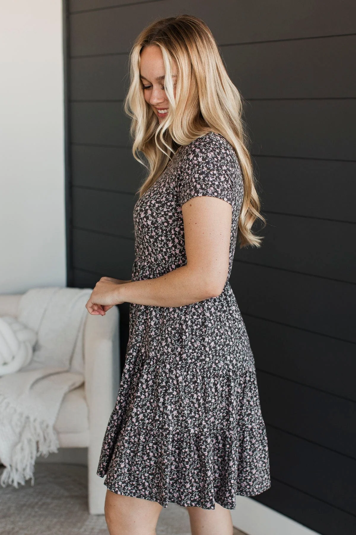 No Rainy Days Floral Tiered Dress- Charcoal & Pink - Image 6
