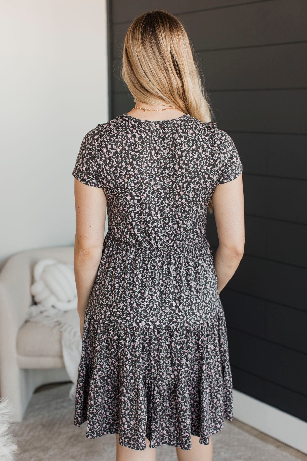 No Rainy Days Floral Tiered Dress- Charcoal & Pink - Image 8