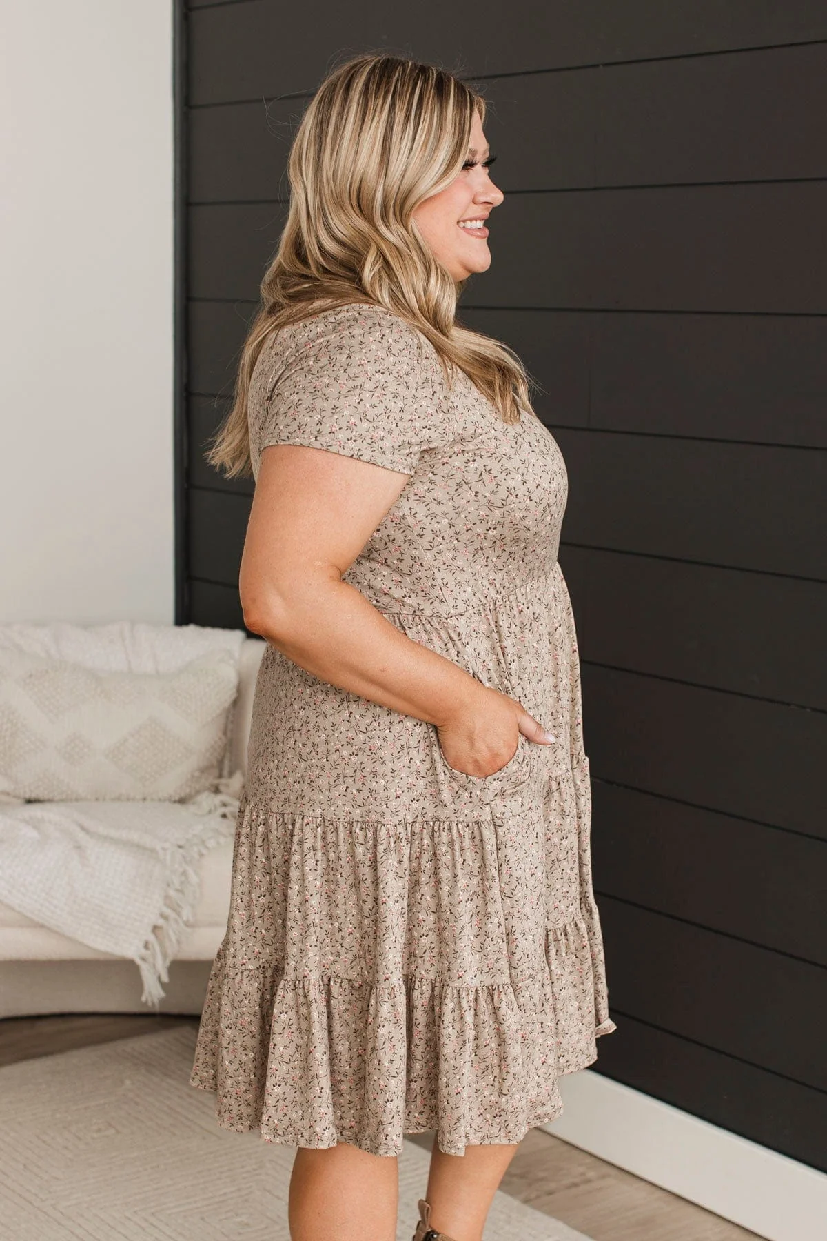 No Rainy Days Floral Tiered Dress- Taupe & Pink - Image 7