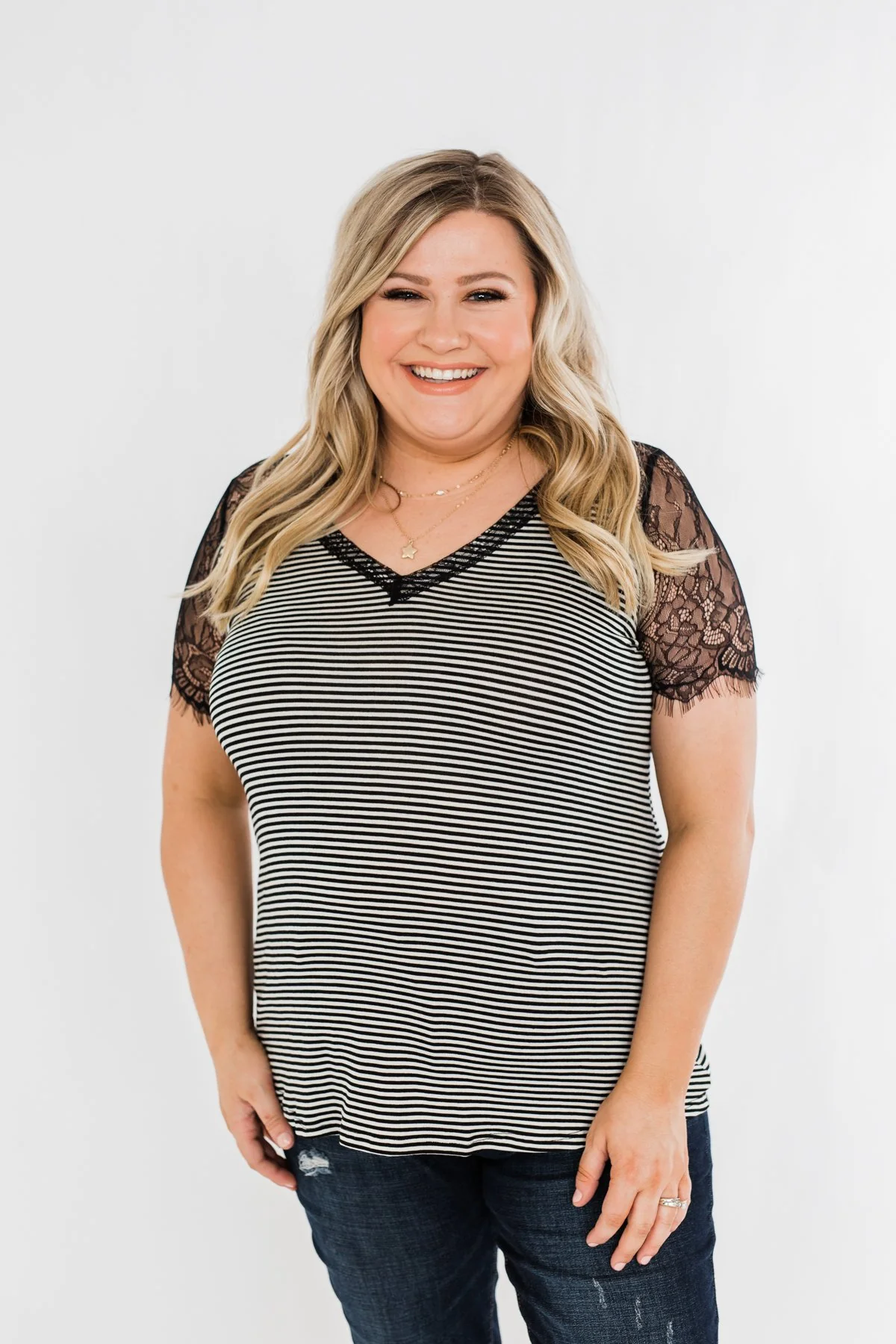 No Reason To Wait Striped Lace Top- Black - Image 6