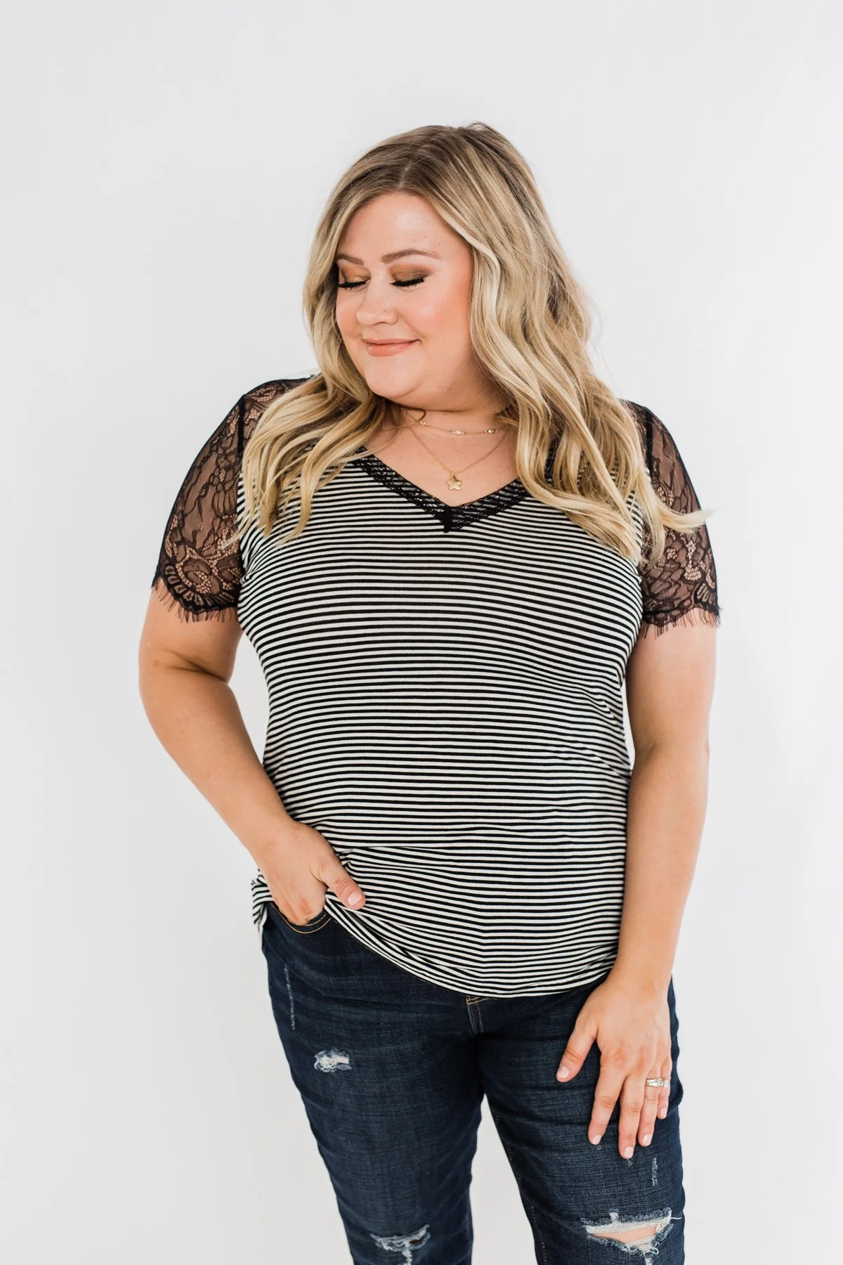 No Reason To Wait Striped Lace Top- Black - Image 7