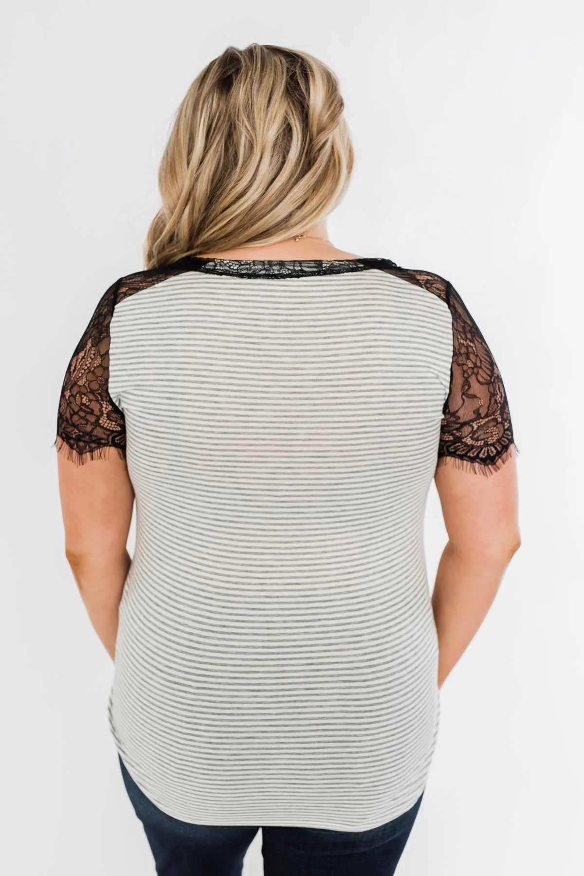 No Reason To Wait Striped Lace Top- Heather Grey - Image 11