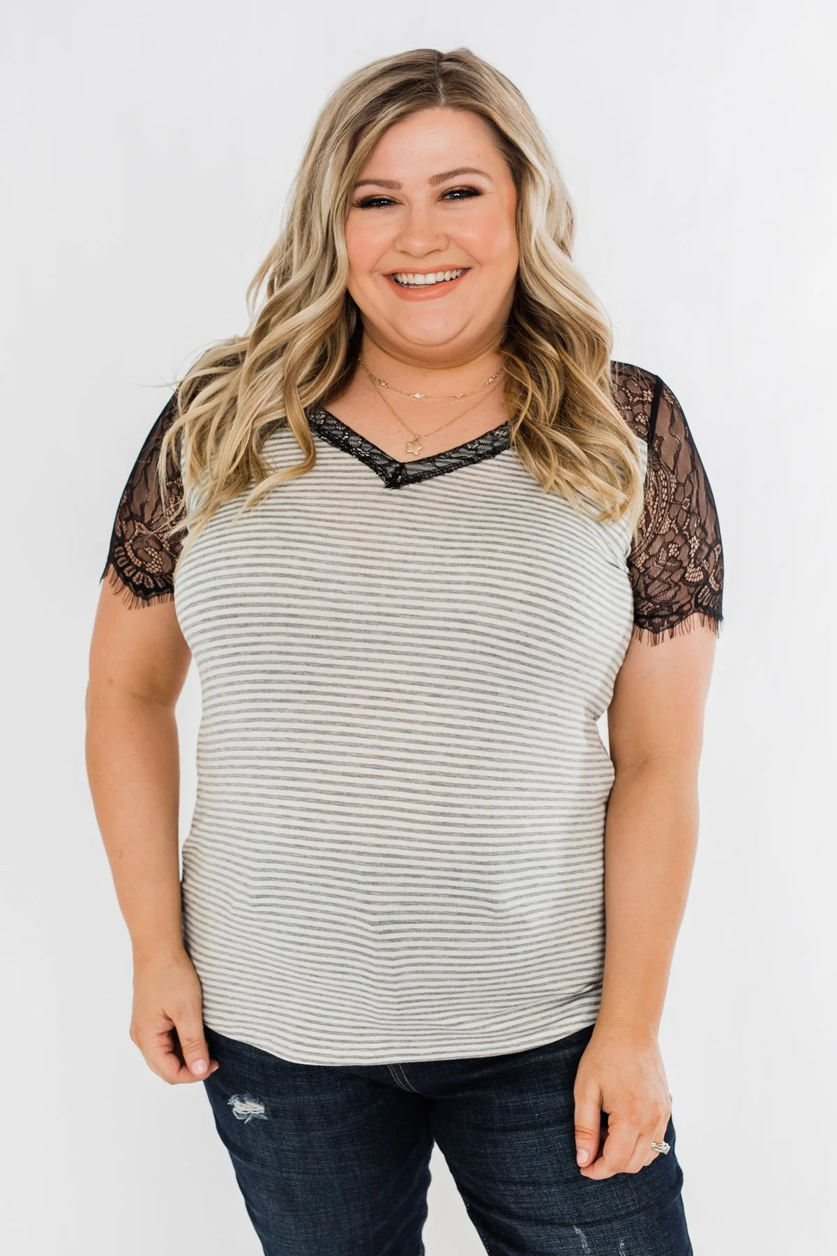 No Reason To Wait Striped Lace Top- Heather Grey - Image 5