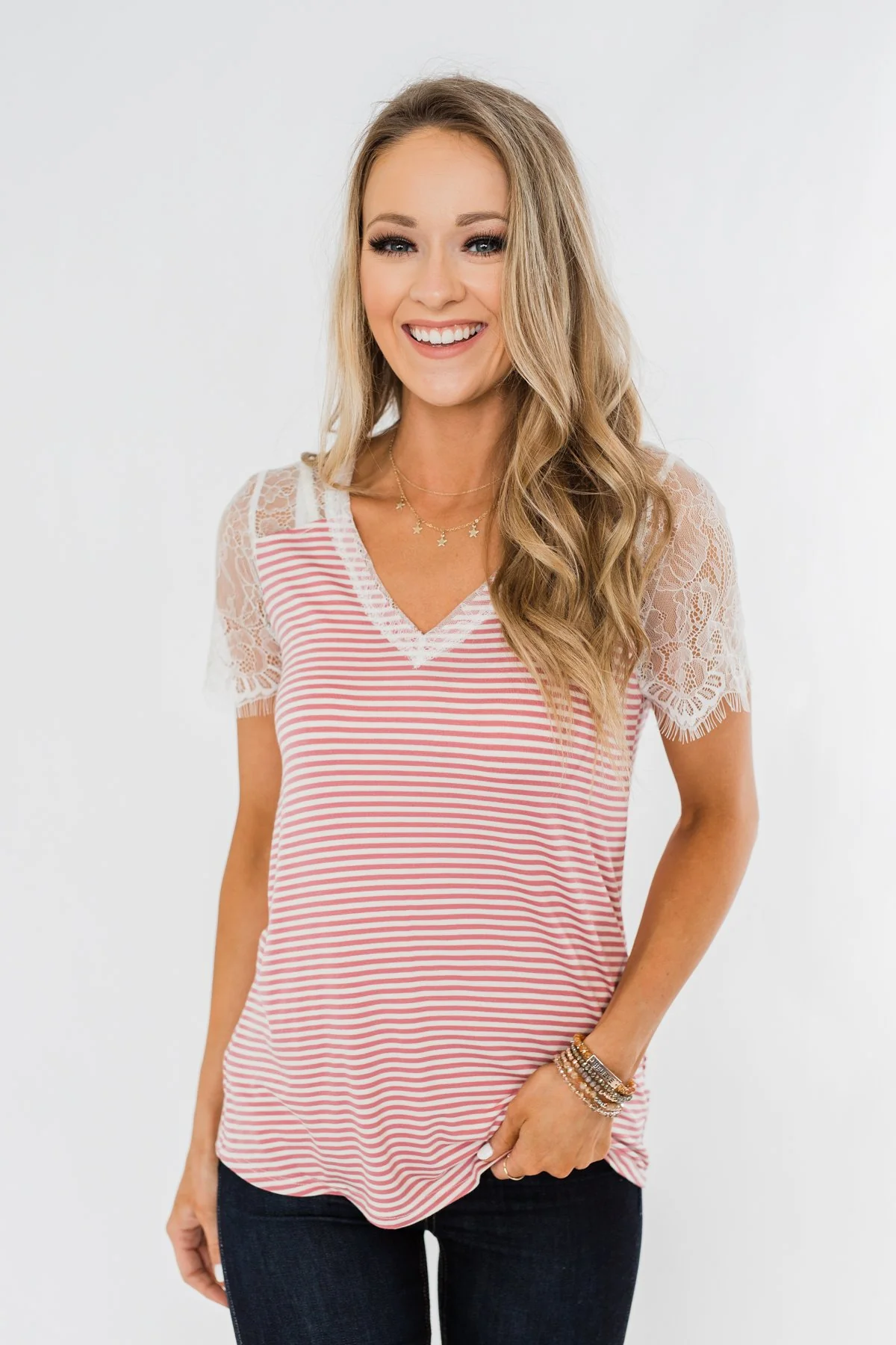 No Reason To Wait Striped Lace Top- Pink - Image 2