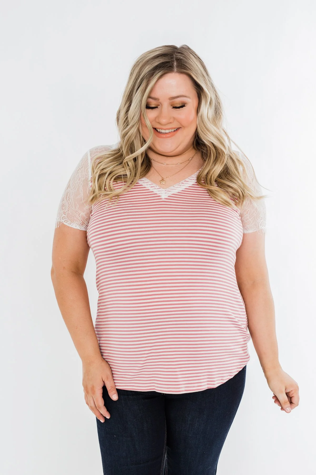 No Reason To Wait Striped Lace Top- Pink - Image 3