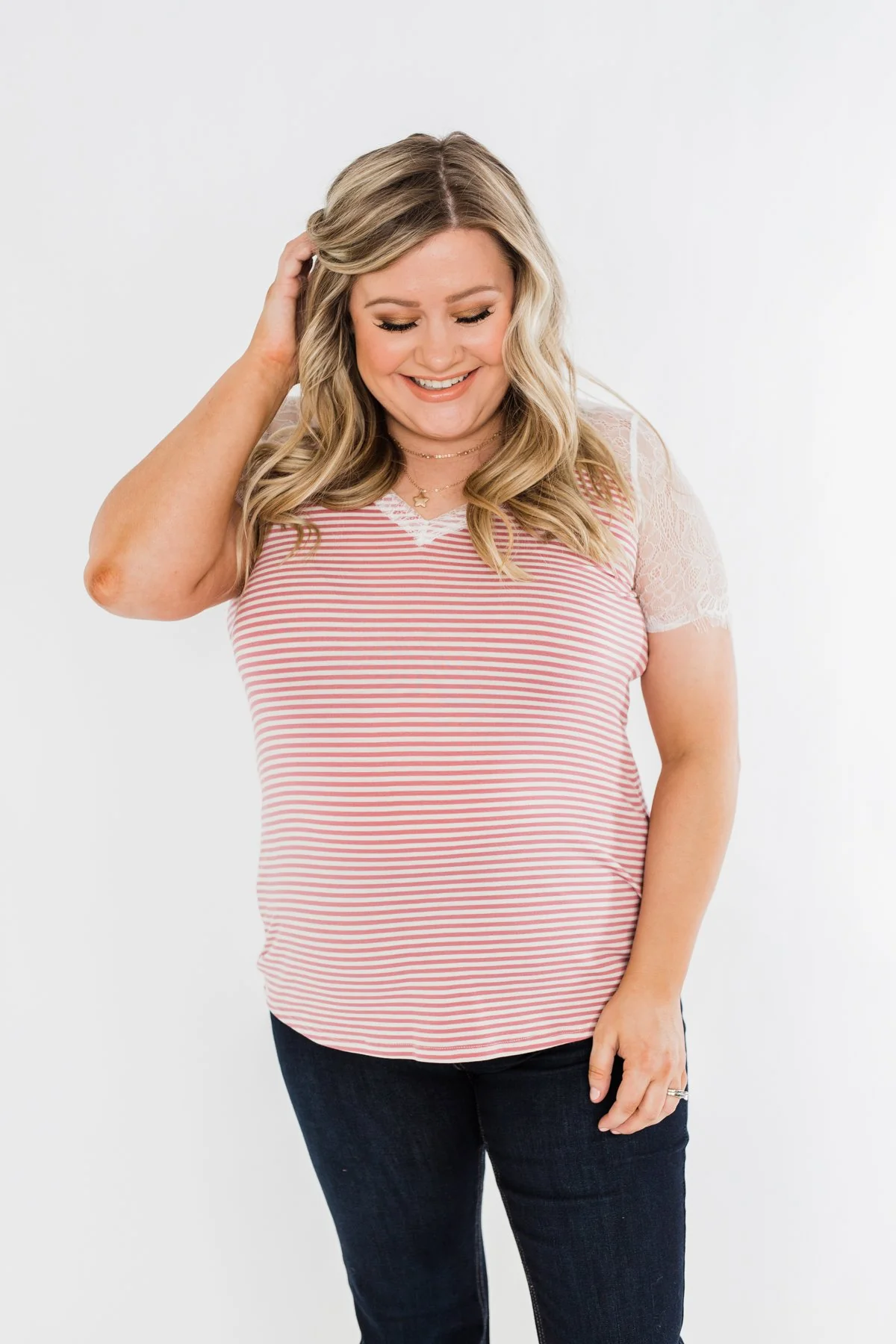 No Reason To Wait Striped Lace Top- Pink - Image 8