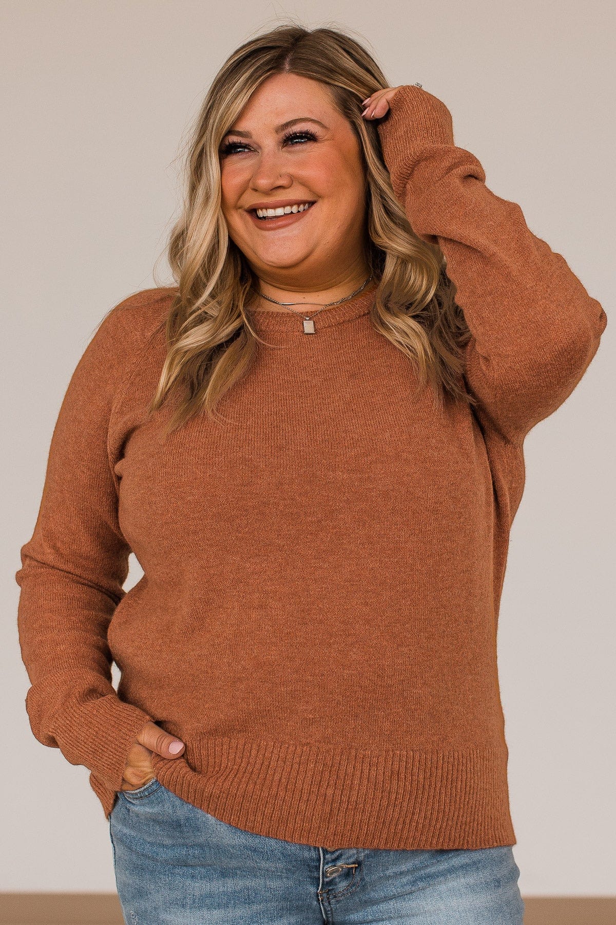 No Regrets Brushed Knit Sweater- Dark Camel - Image 2
