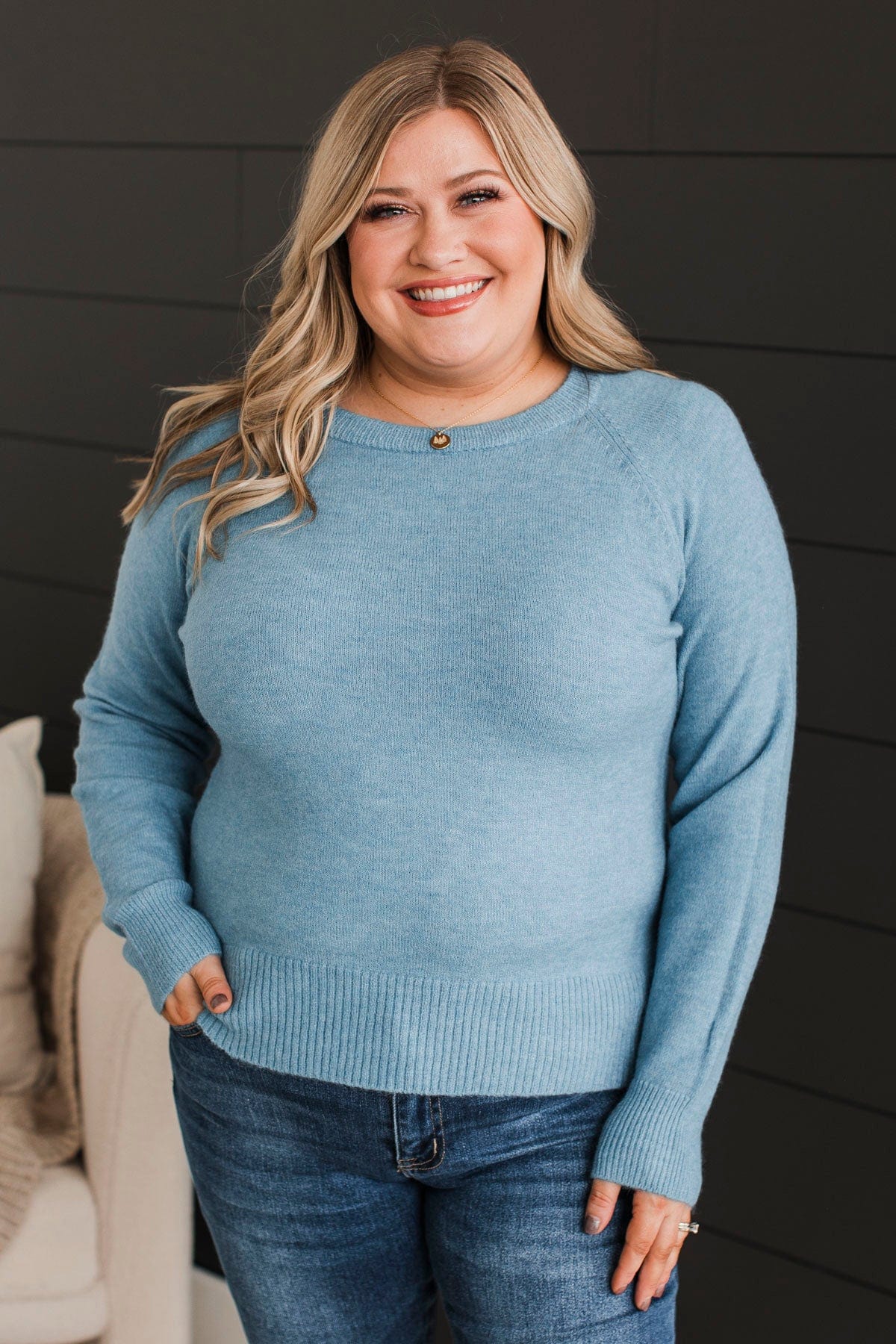 No Regrets Brushed Knit Sweater- Denim Blue - Image 2