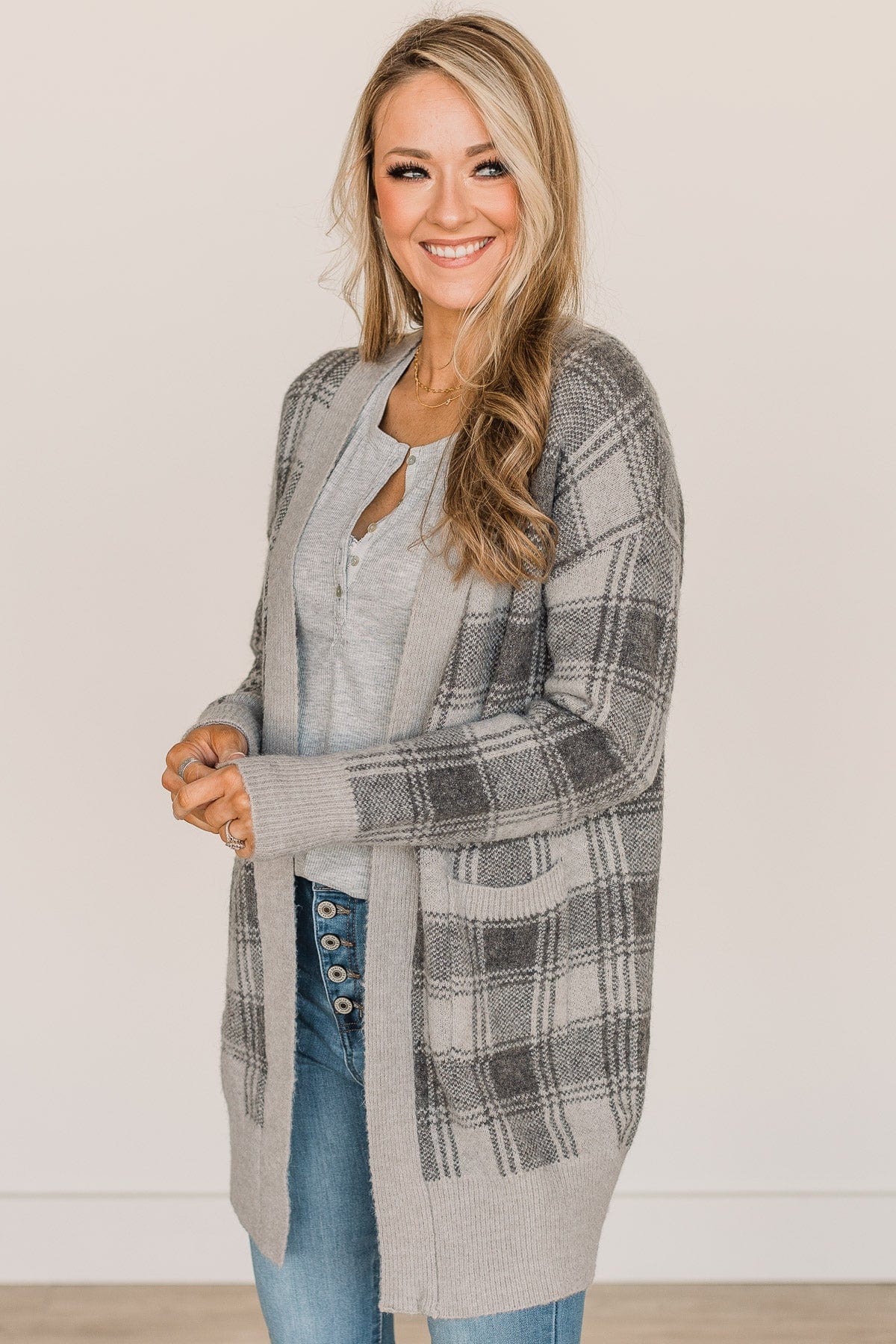 No Surprise Here Plaid Knit Cardigan- Grey - Image 2