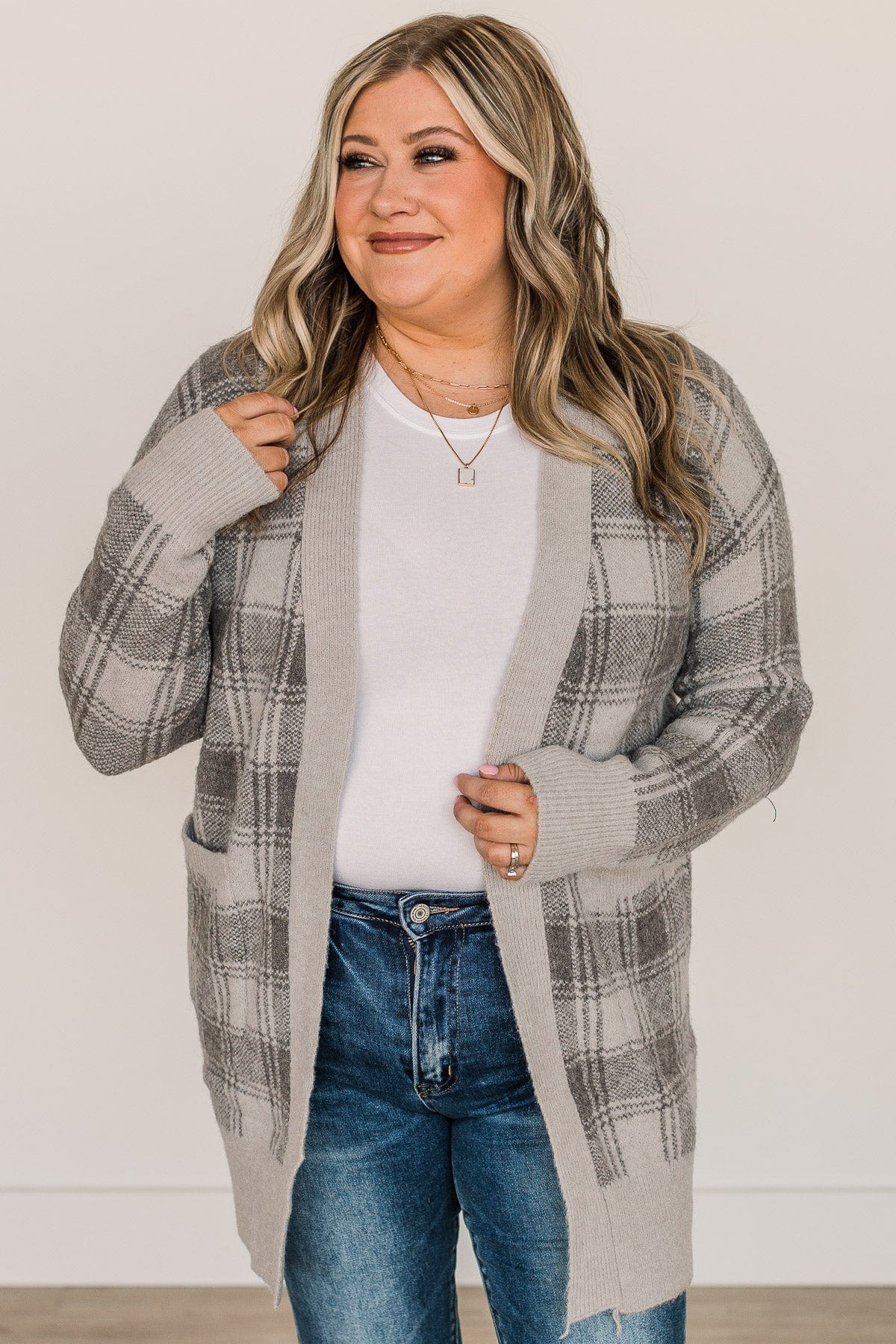 No Surprise Here Plaid Knit Cardigan- Grey - Image 3