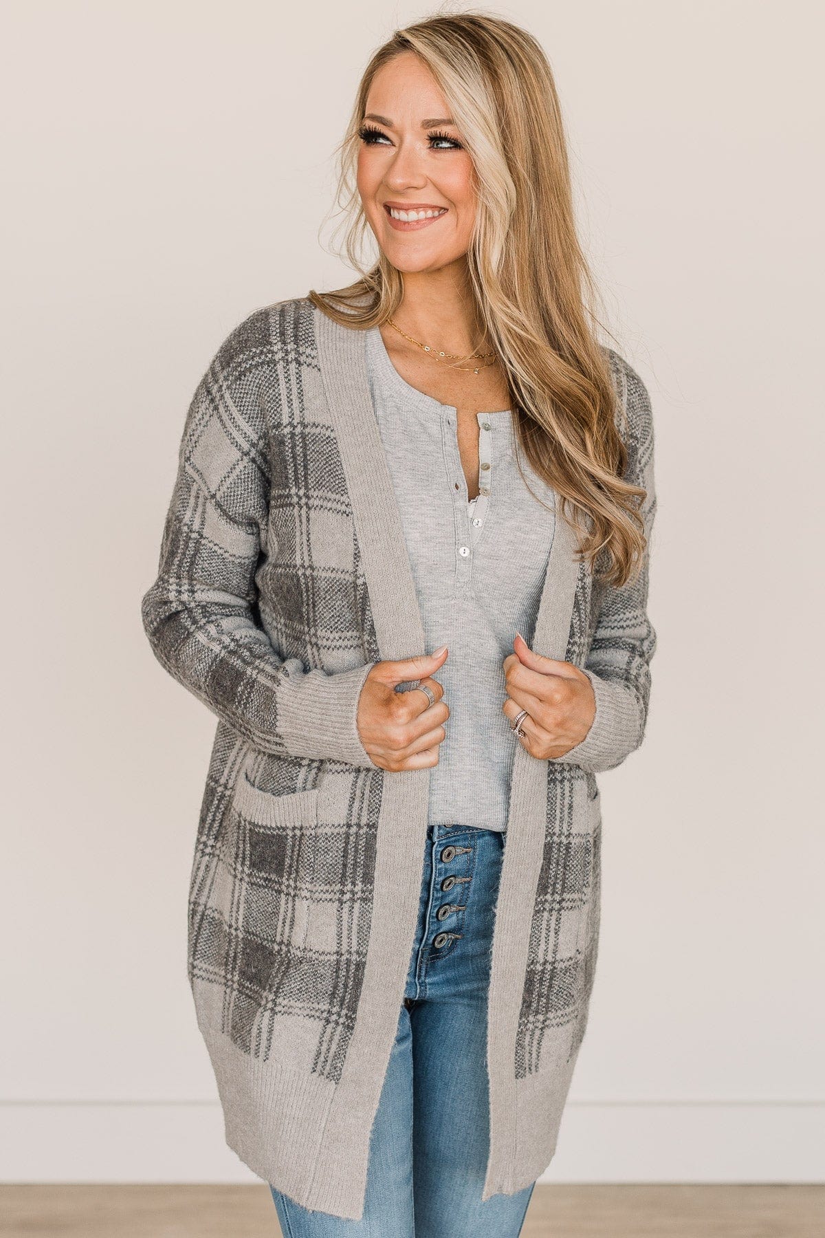 No Surprise Here Plaid Knit Cardigan- Grey - Image 4