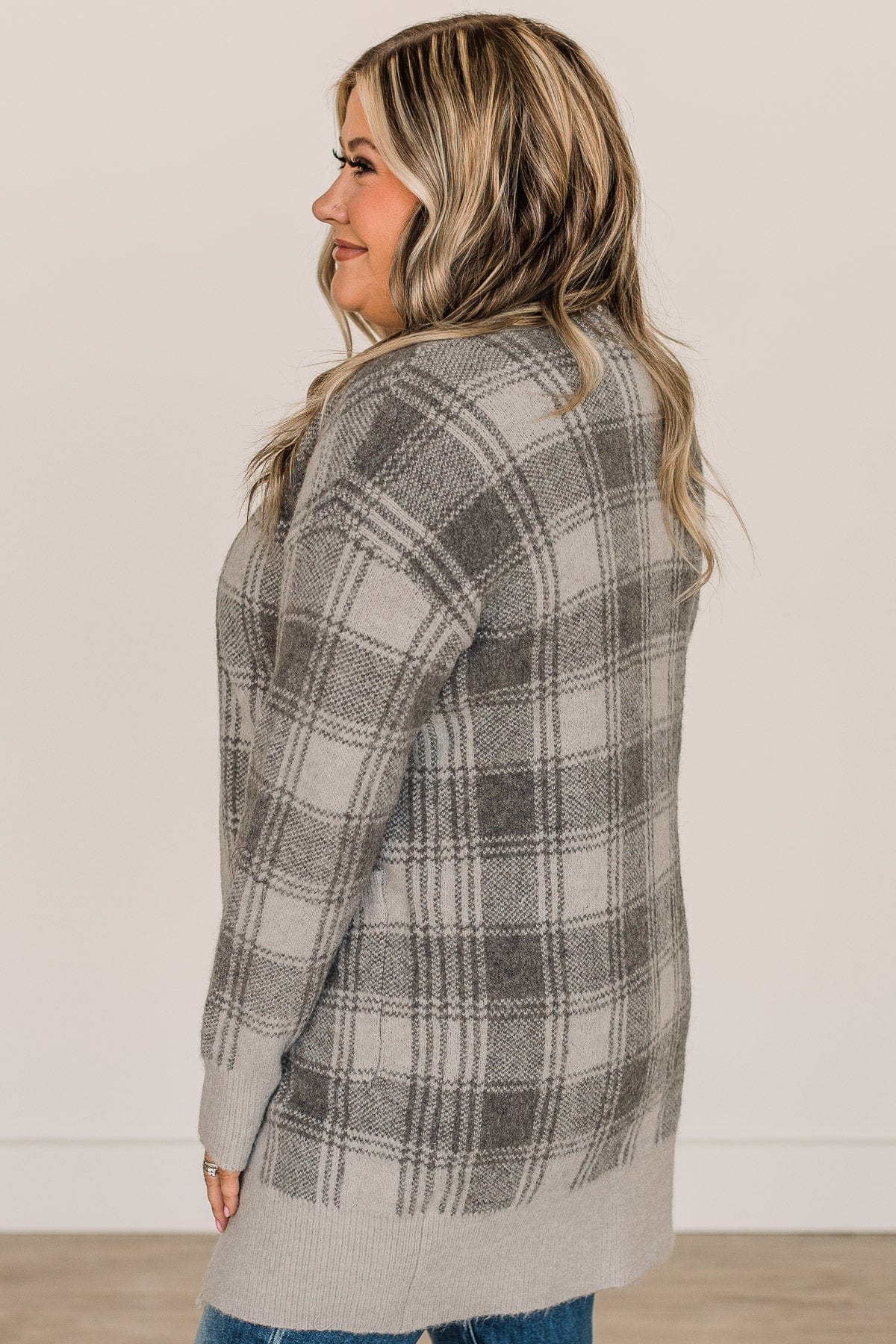No Surprise Here Plaid Knit Cardigan- Grey - Image 5