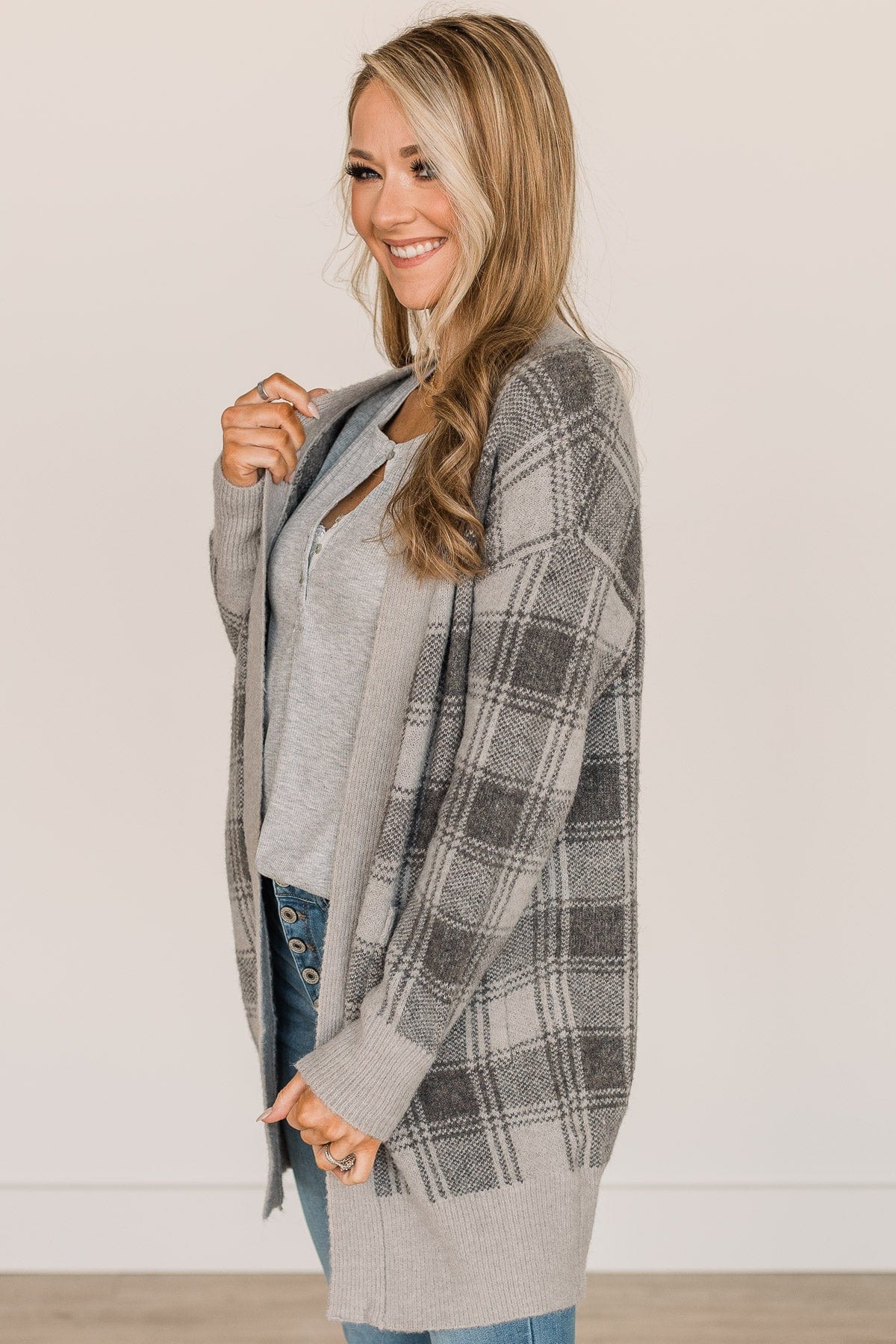No Surprise Here Plaid Knit Cardigan- Grey - Image 6