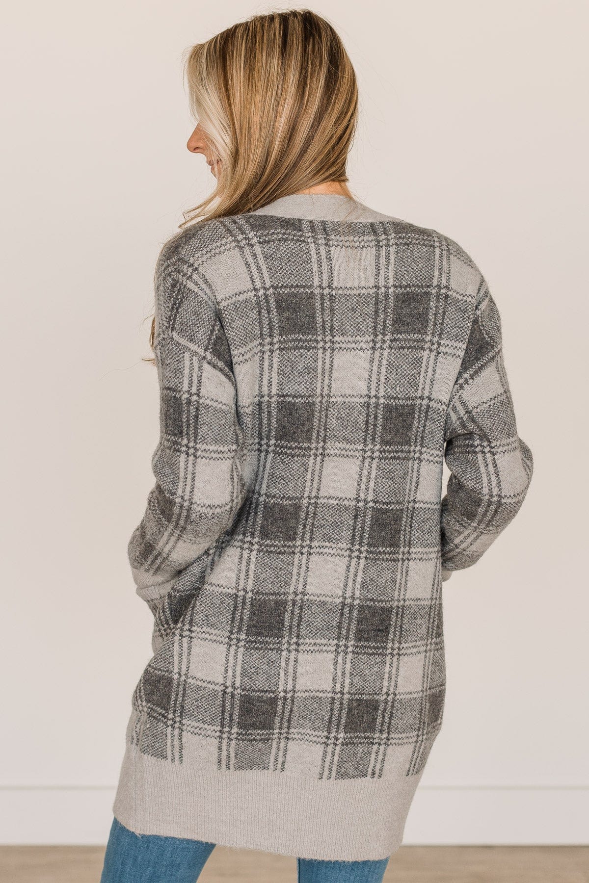 No Surprise Here Plaid Knit Cardigan- Grey - Image 7