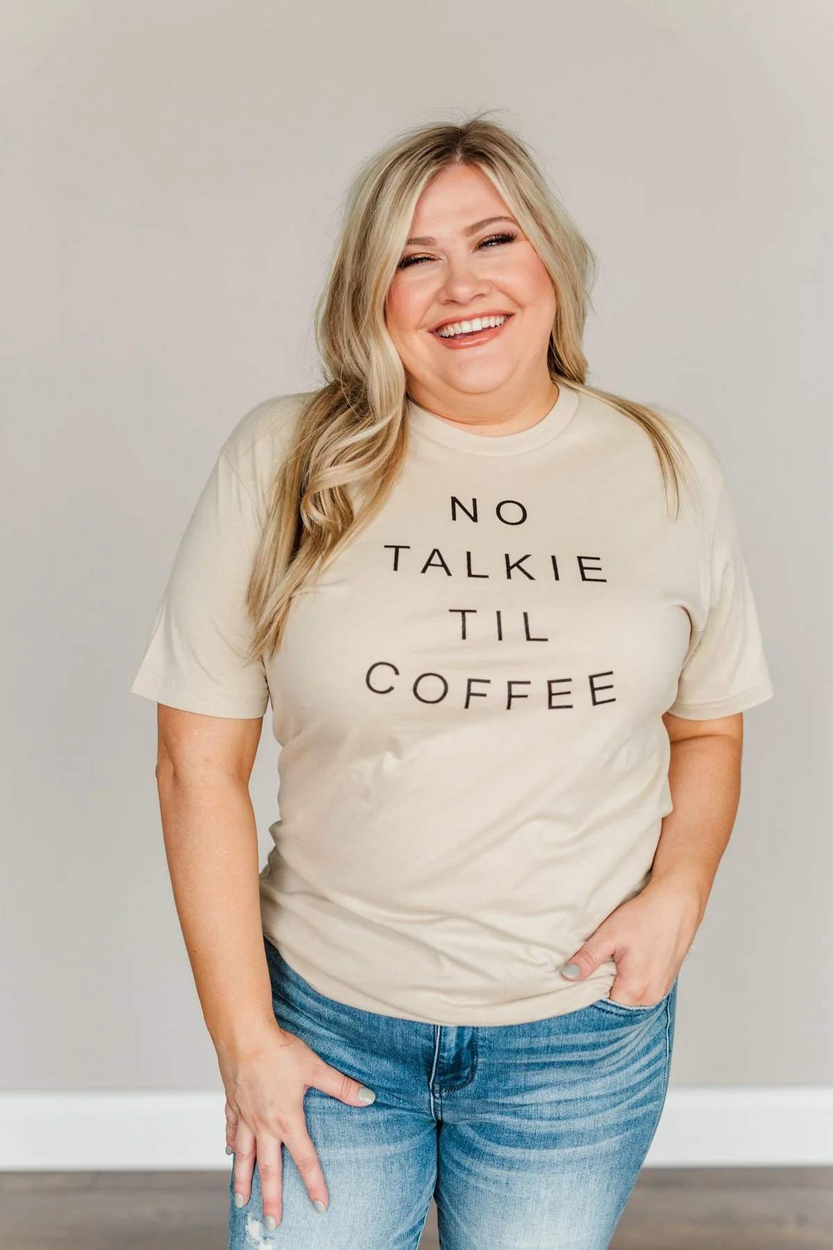 "No Talkie Til Coffee" Graphic Tee- Beige - Image 2