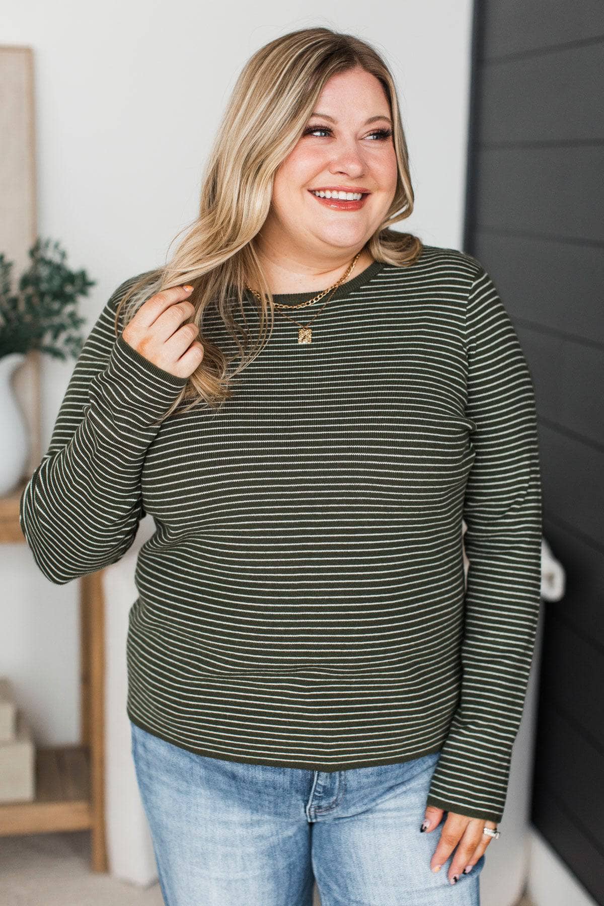 No Worries Striped Knit Sweater- Dark Olive