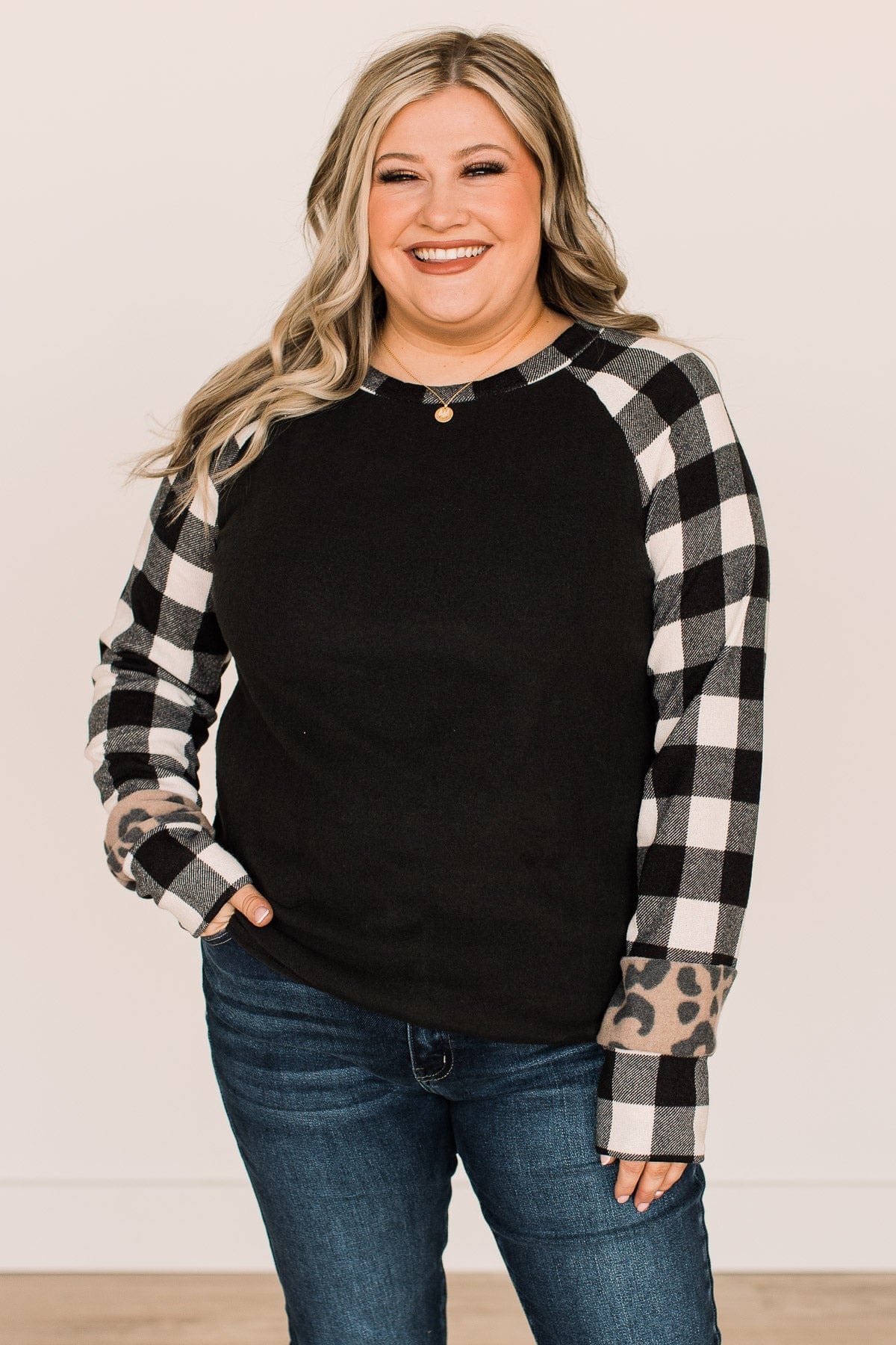 Nobody Like You Plaid Sleeve Top- Black - Image 2