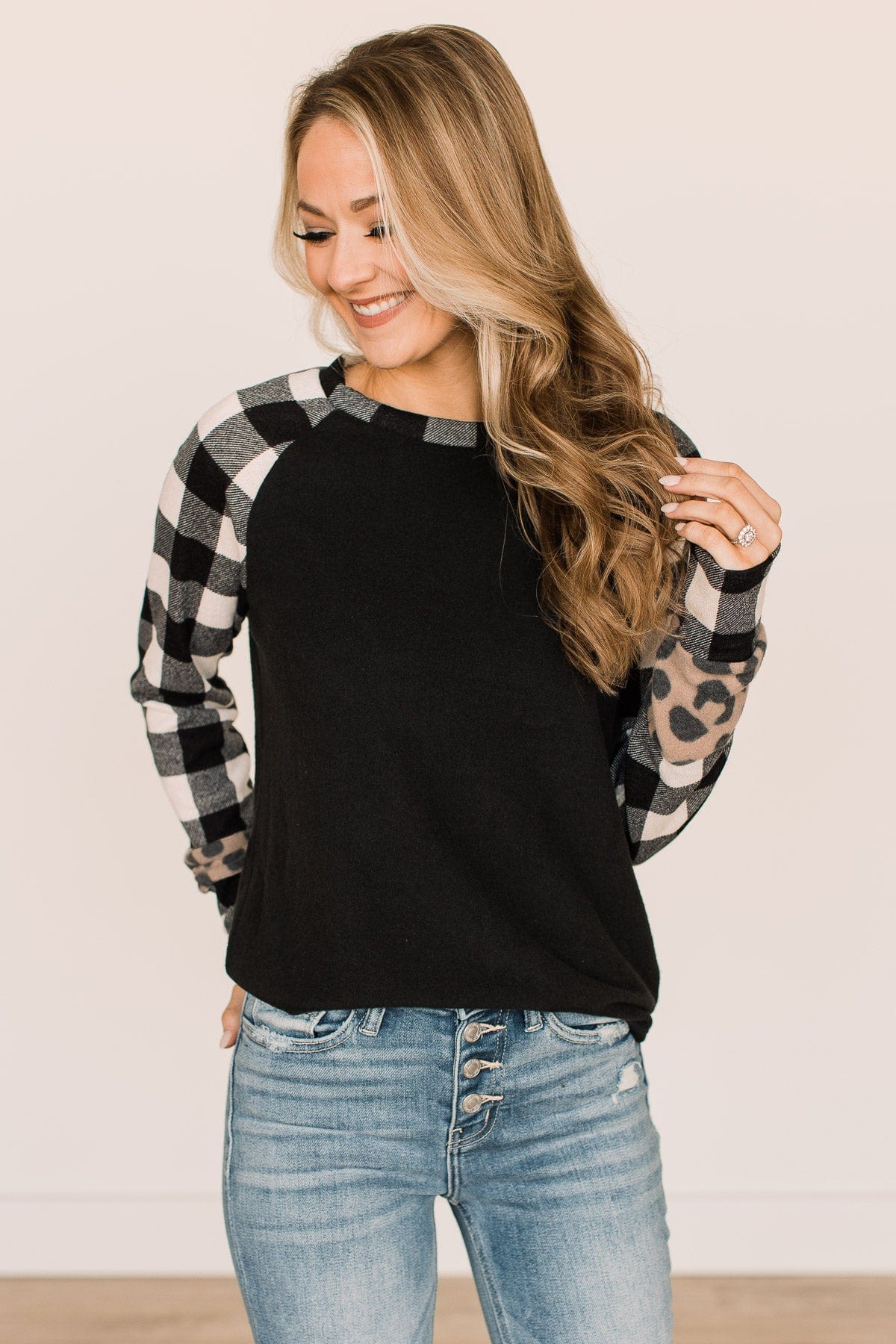Nobody Like You Plaid Sleeve Top- Black - Image 3