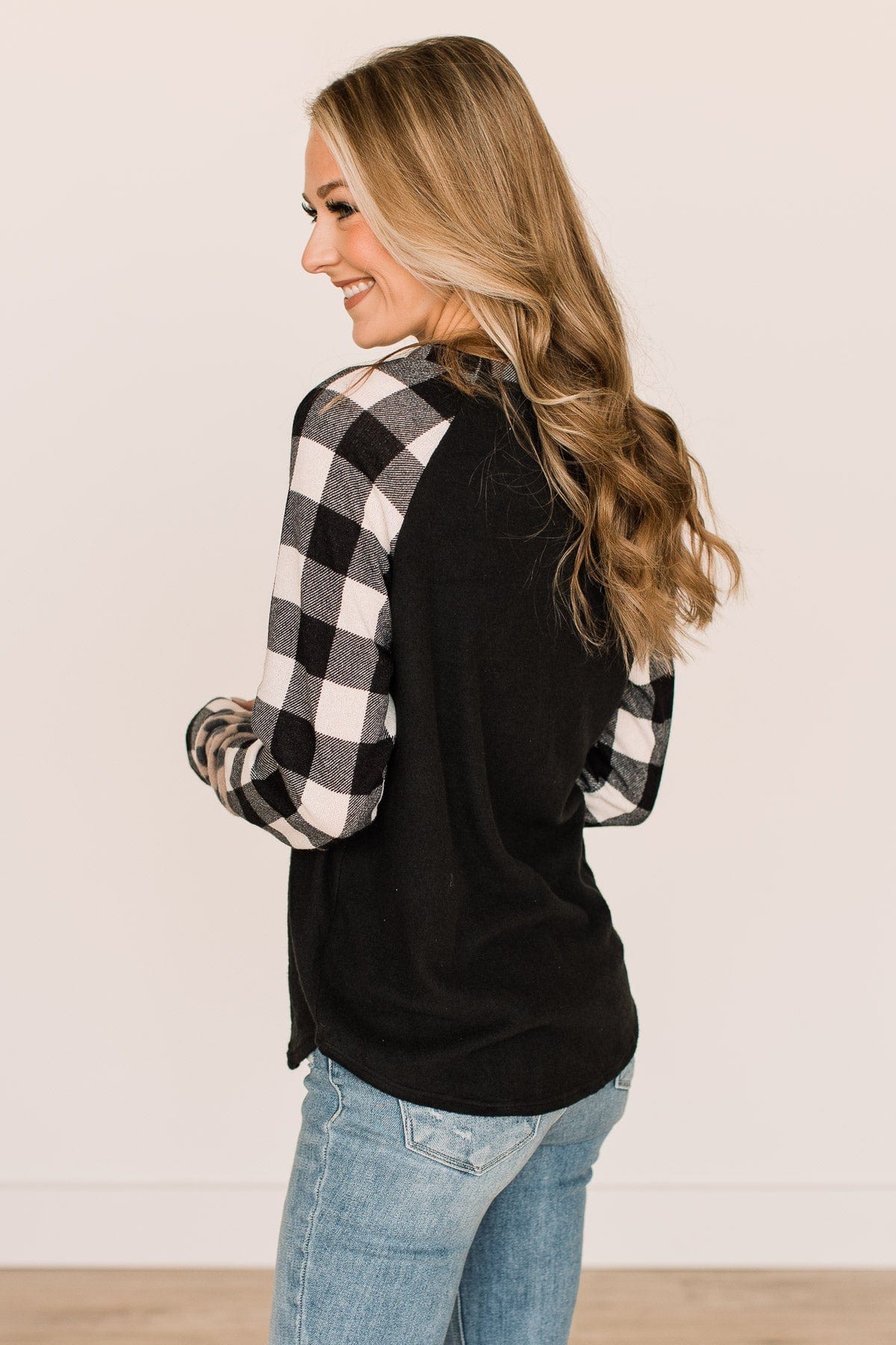 Nobody Like You Plaid Sleeve Top- Black - Image 5