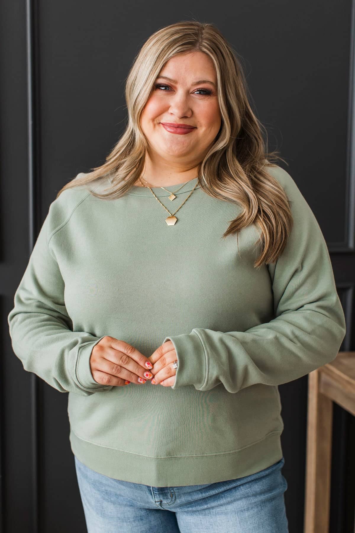 Not A Care Crew Neck Pullover- Dusty Sage