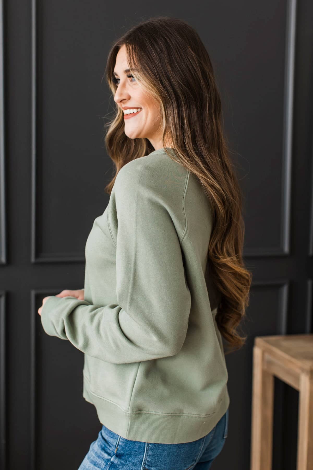 Not A Care Crew Neck Pullover- Dusty Sage - Image 4