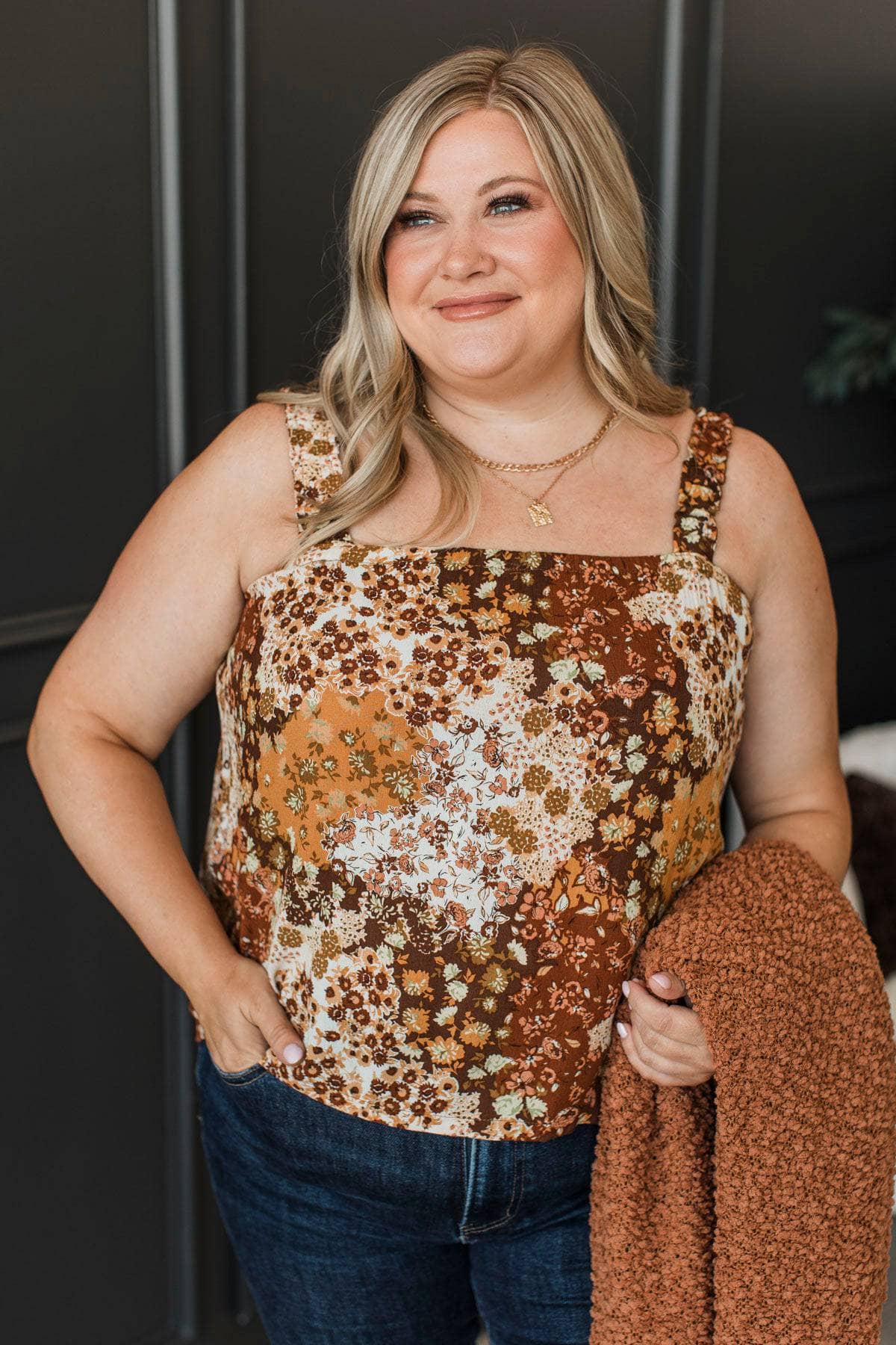 Noticeably Perfect Floral Patchwork Tank Top- Brown