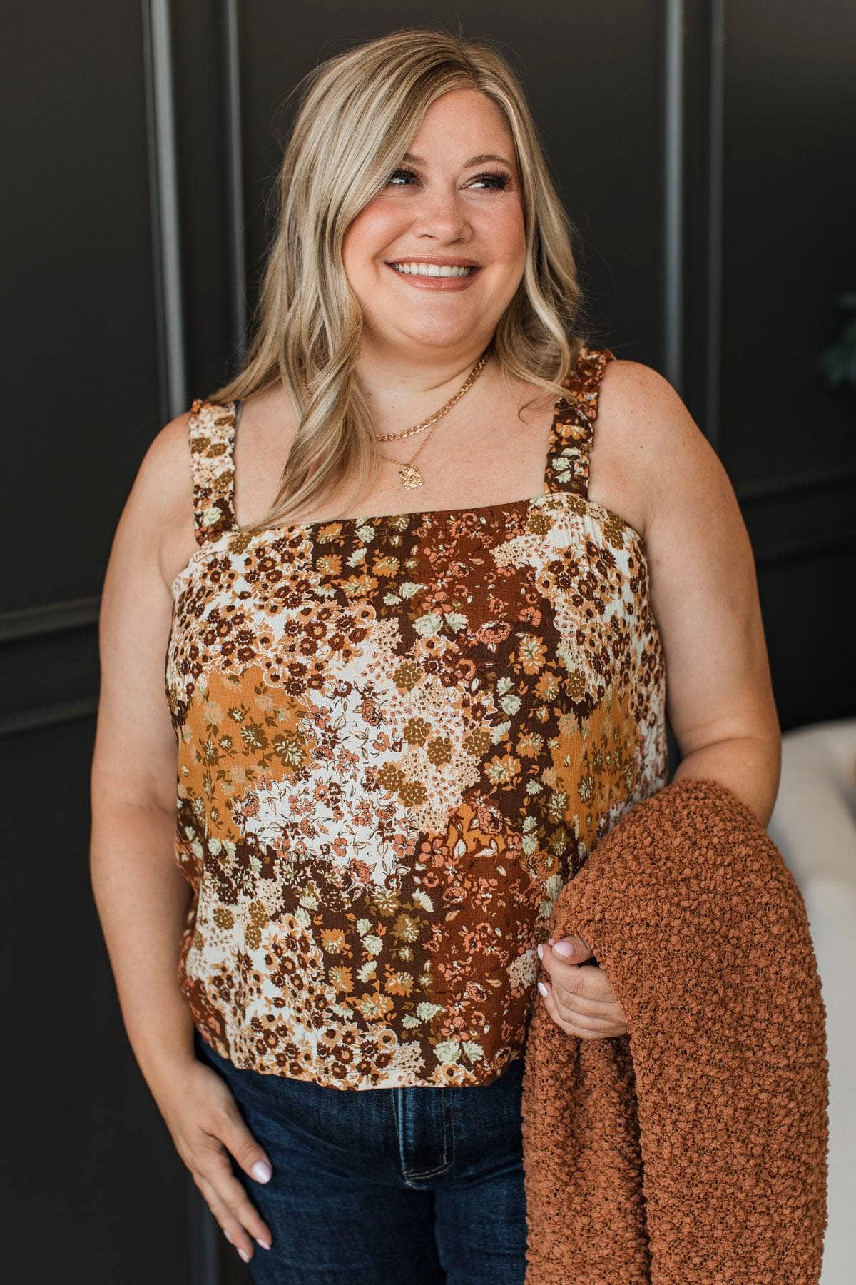 Noticeably Perfect Floral Patchwork Tank Top- Brown - Image 3