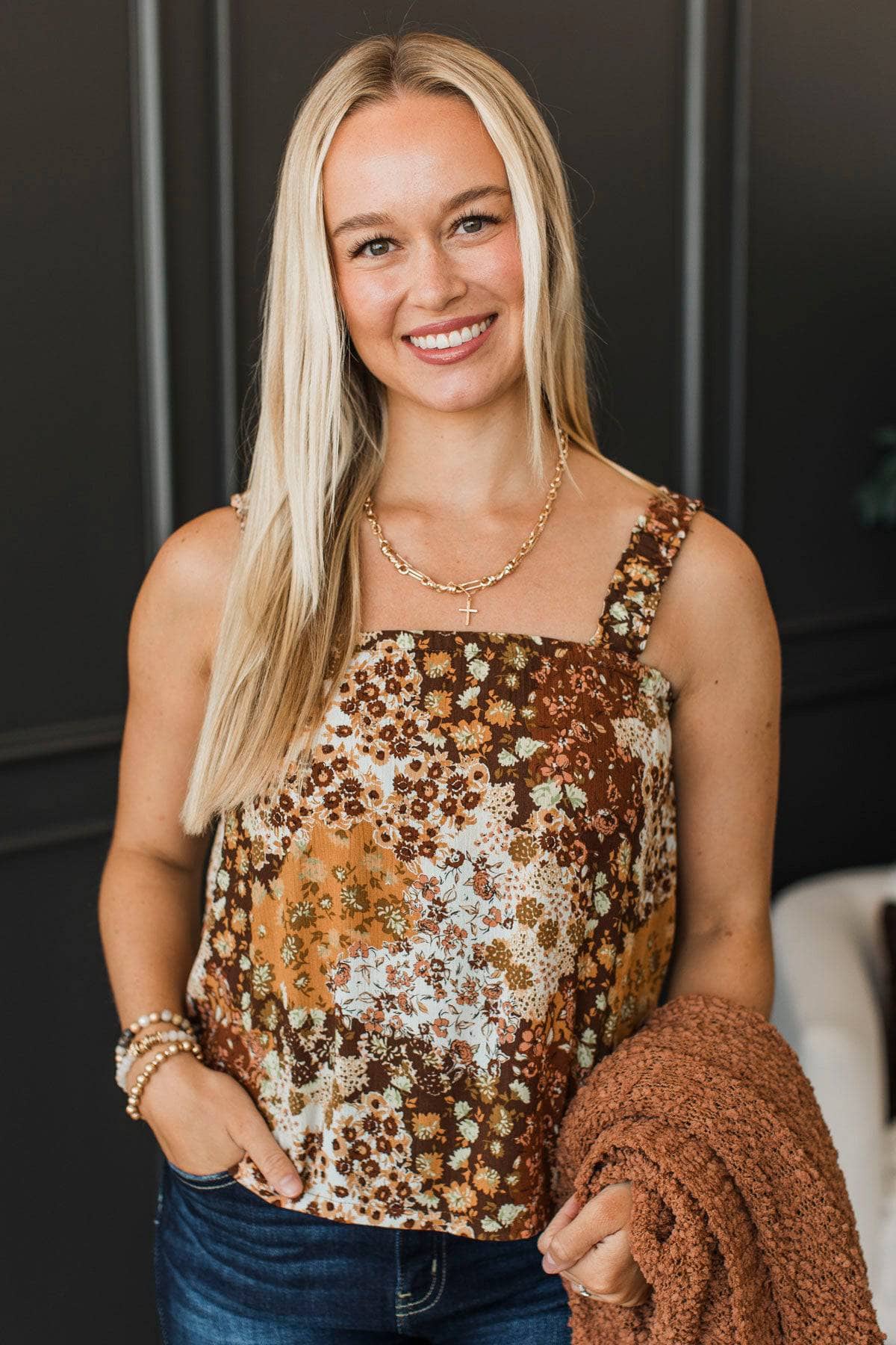 Noticeably Perfect Floral Patchwork Tank Top- Brown - Image 4