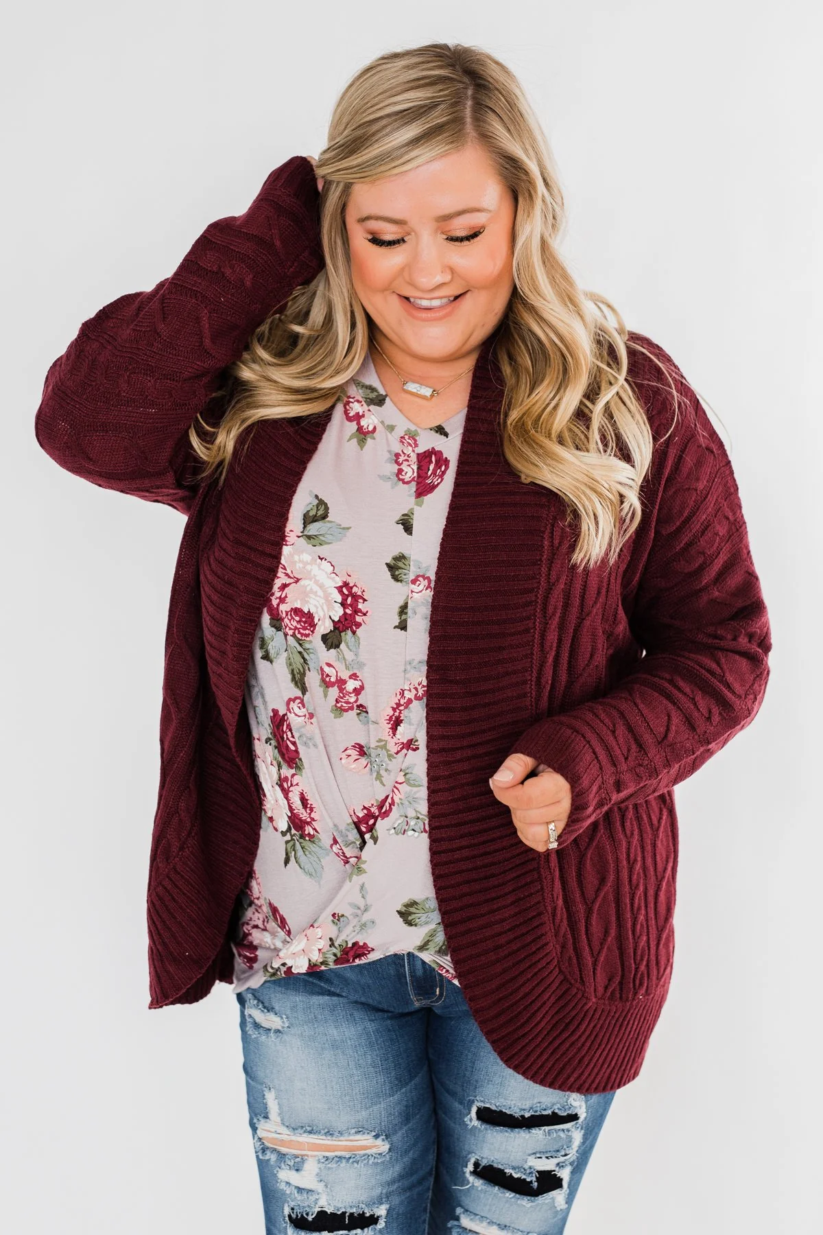 Noticing You Cable Knit Cardigan- Burgundy - Image 2